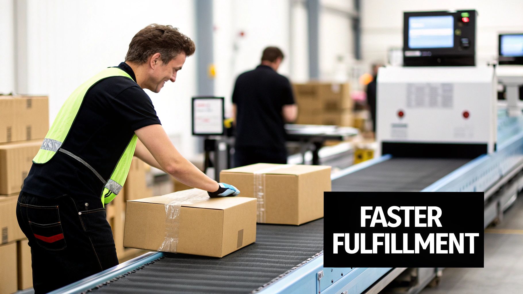 A smiling worker in a high-visibility vest places boxes onto a warehouse conveyor belt.