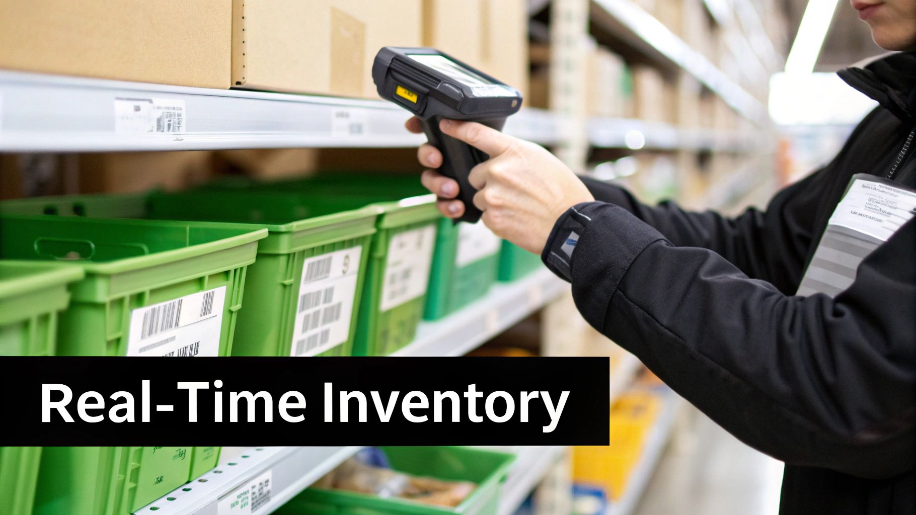 Person using a handheld scanner to manage real-time inventory in a busy warehouse.