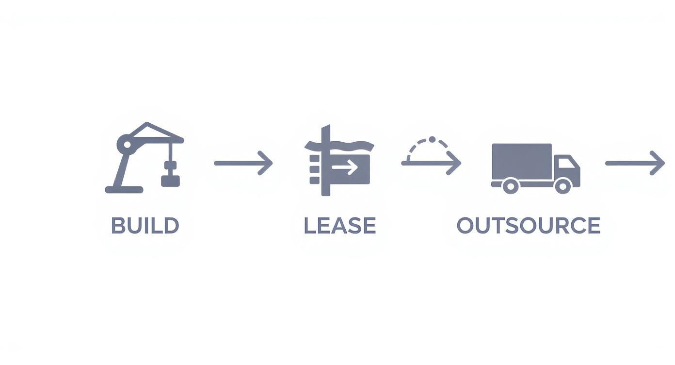 Icons illustrating a process flow: build (crane), lease (sign), and outsource (truck) options.