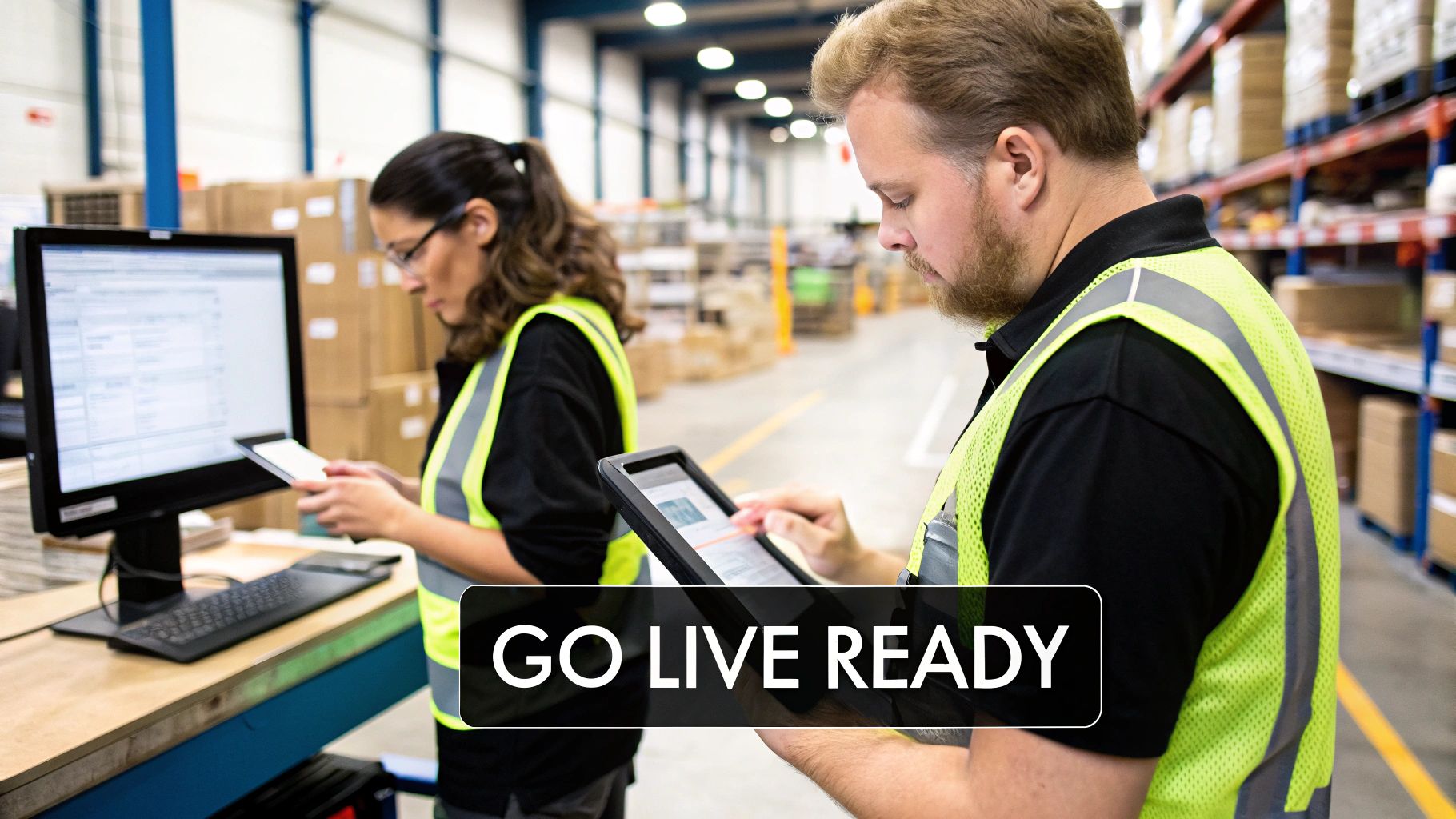 Two warehouse workers in safety vests using tablets and a computer for inventory management.