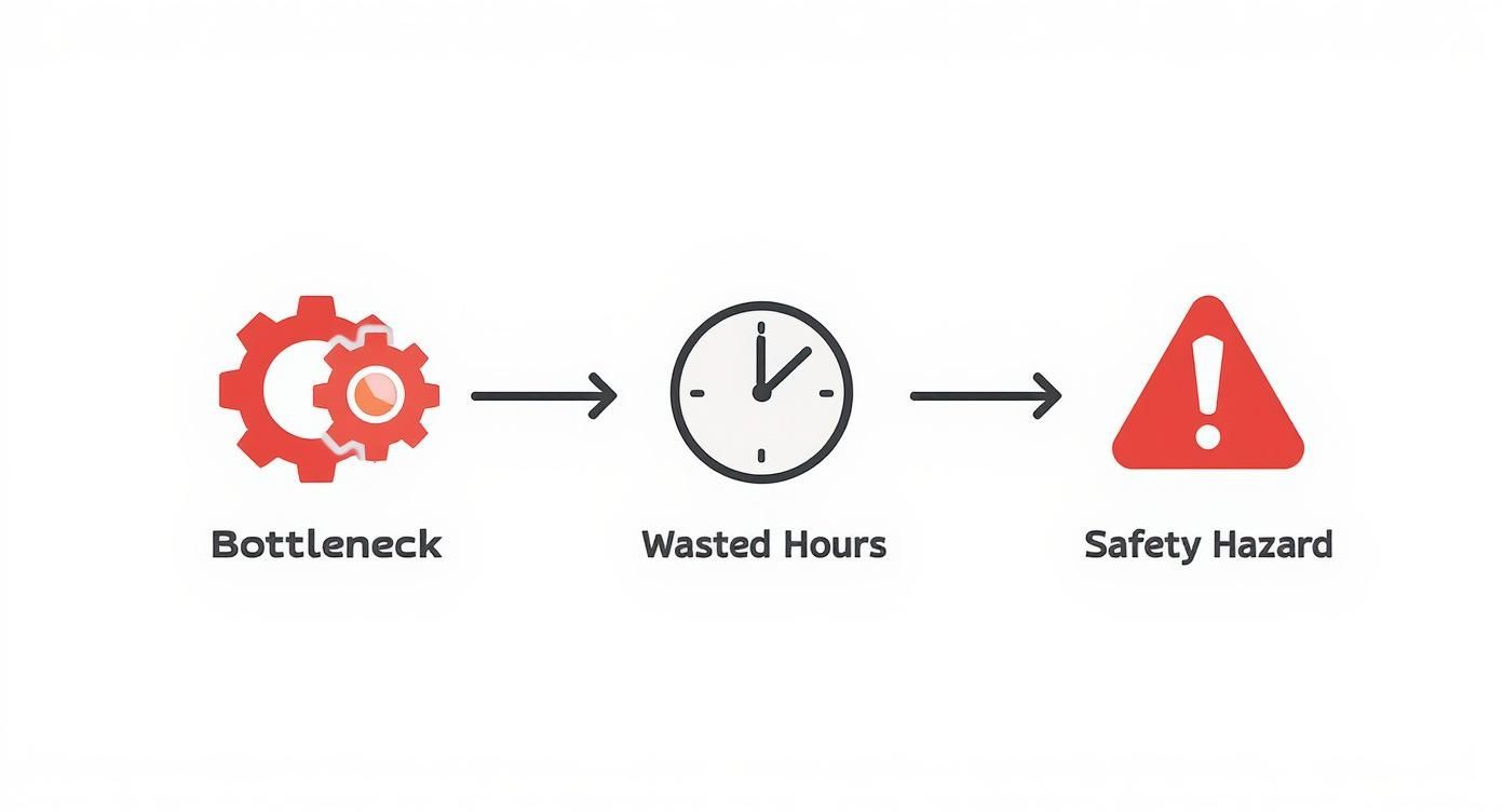 An infographic showing bottlenecks (gears) leading to wasted hours (clock), ultimately resulting in a safety hazard (warning sign).