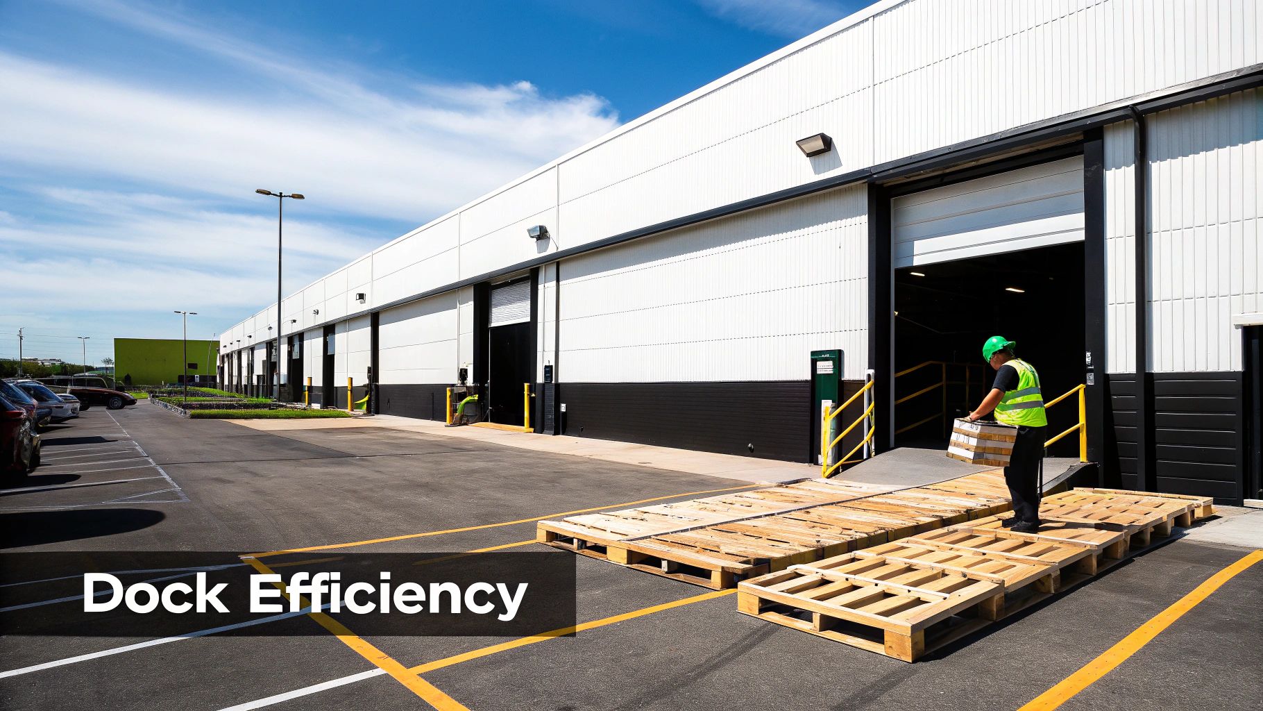A worker in safety gear handles cargo on pallets outside a modern warehouse loading dock.
