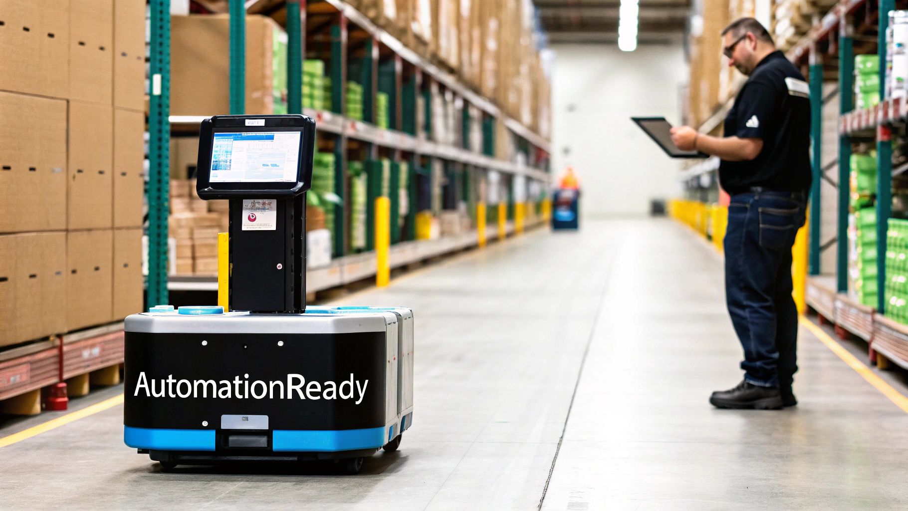 An autonomous mobile robot with 'AutomationReady' operates in a warehouse aisle, near a worker using a tablet.