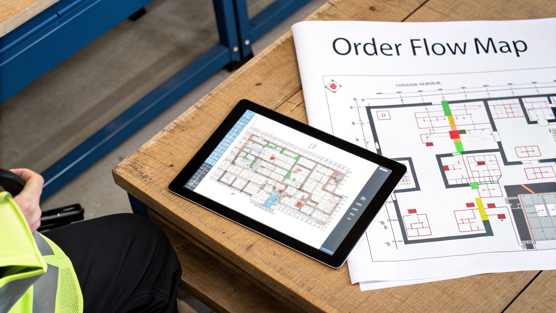 A person views a digital warehouse layout on a tablet alongside a printed order flow map.