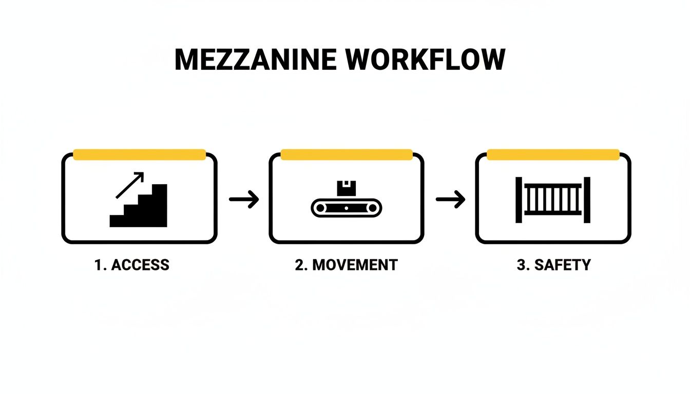 Mezzanine workflow diagram showing steps for access, movement, and safety solutions.