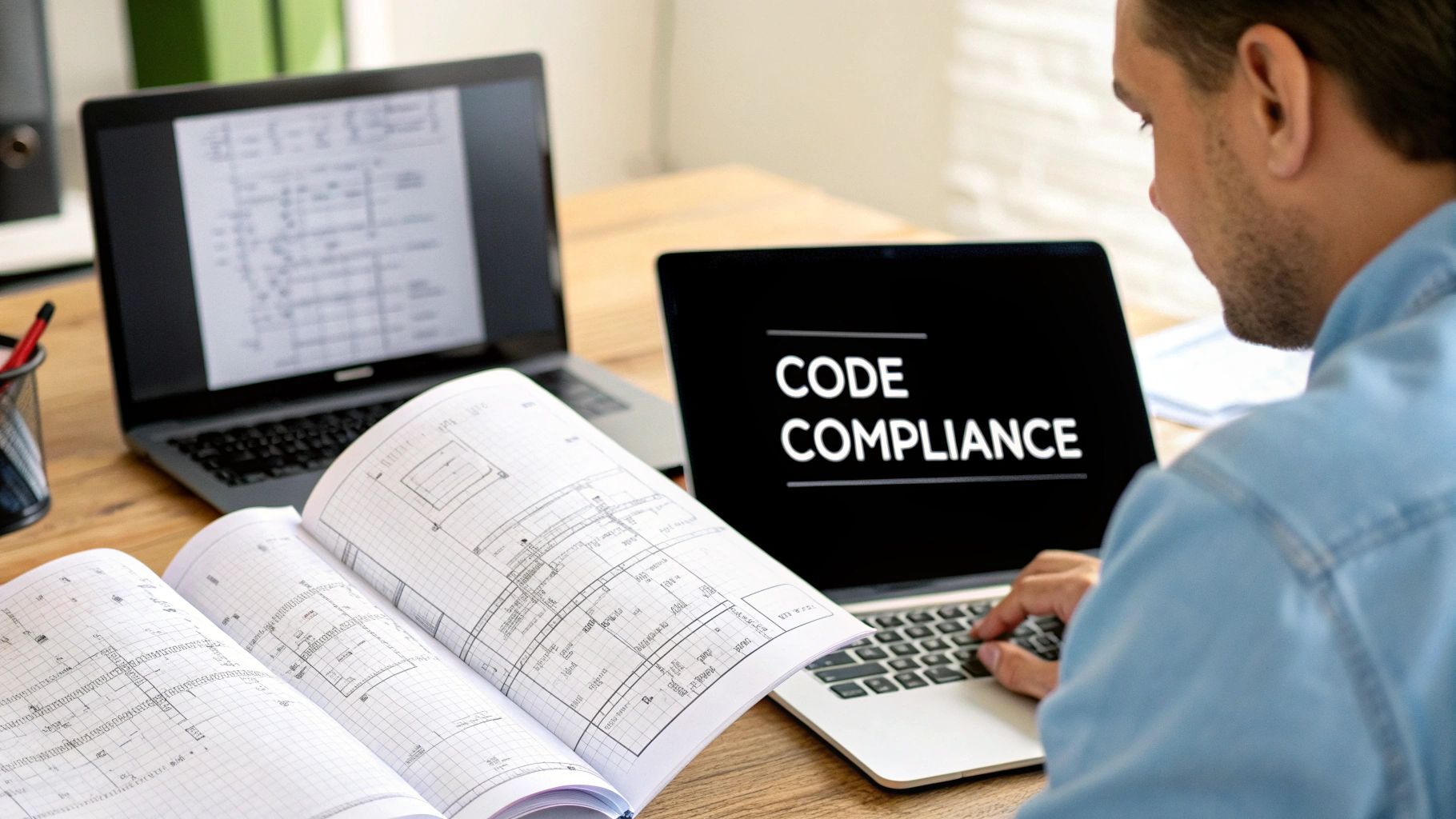 A person reviews architectural plans and "CODE COMPLIANCE" on laptops at a desk.