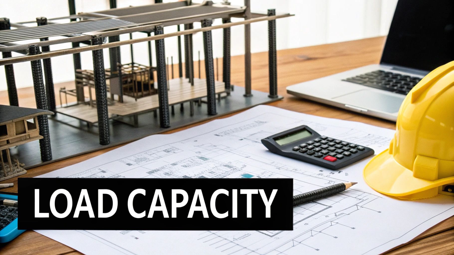 An engineering workspace with a structural model, blueprints, calculator, hard hat, and the text 'LOAD CAPACITY'.