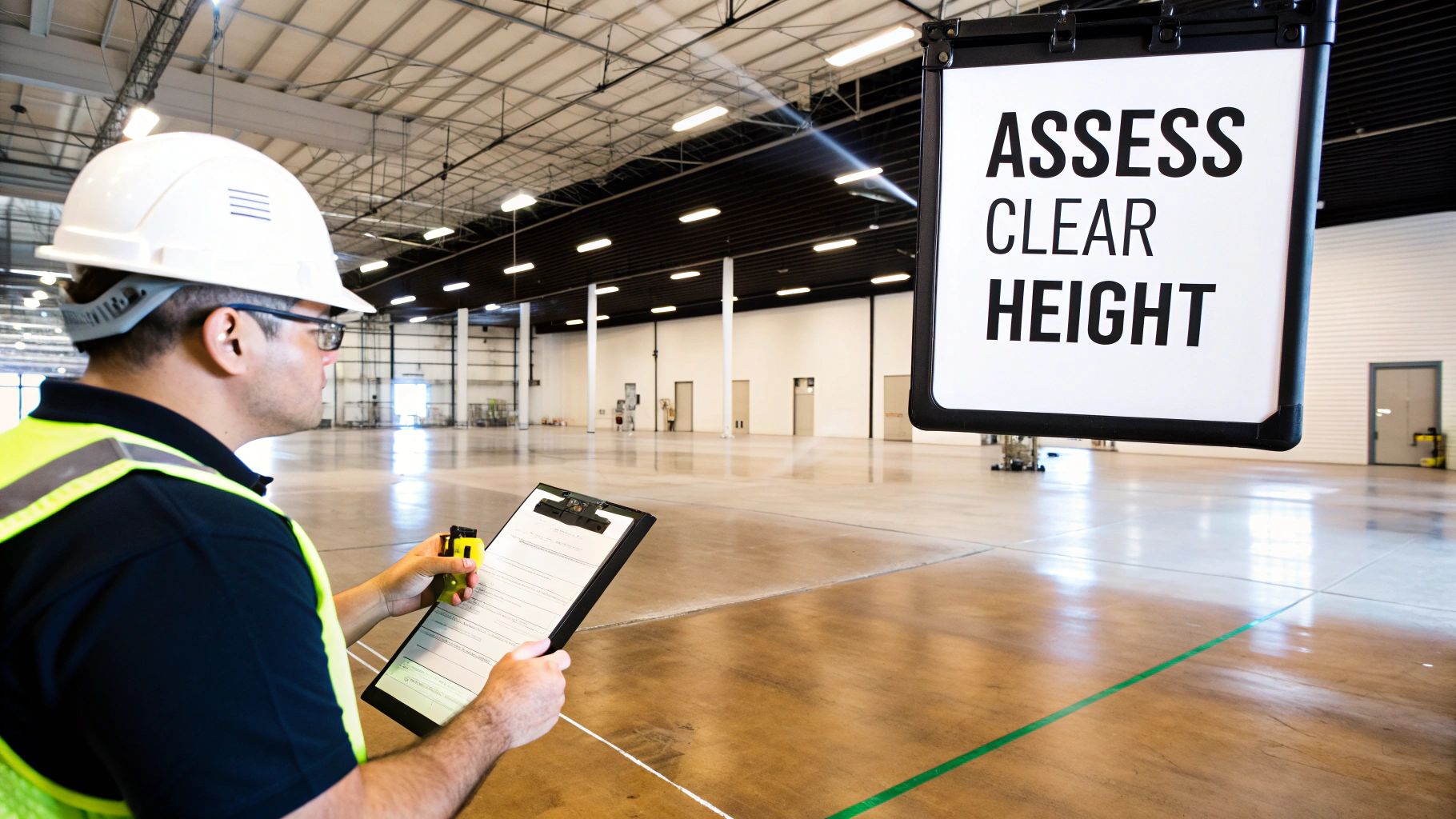 A man in a hard hat and safety vest assesses clear height in an empty warehouse.