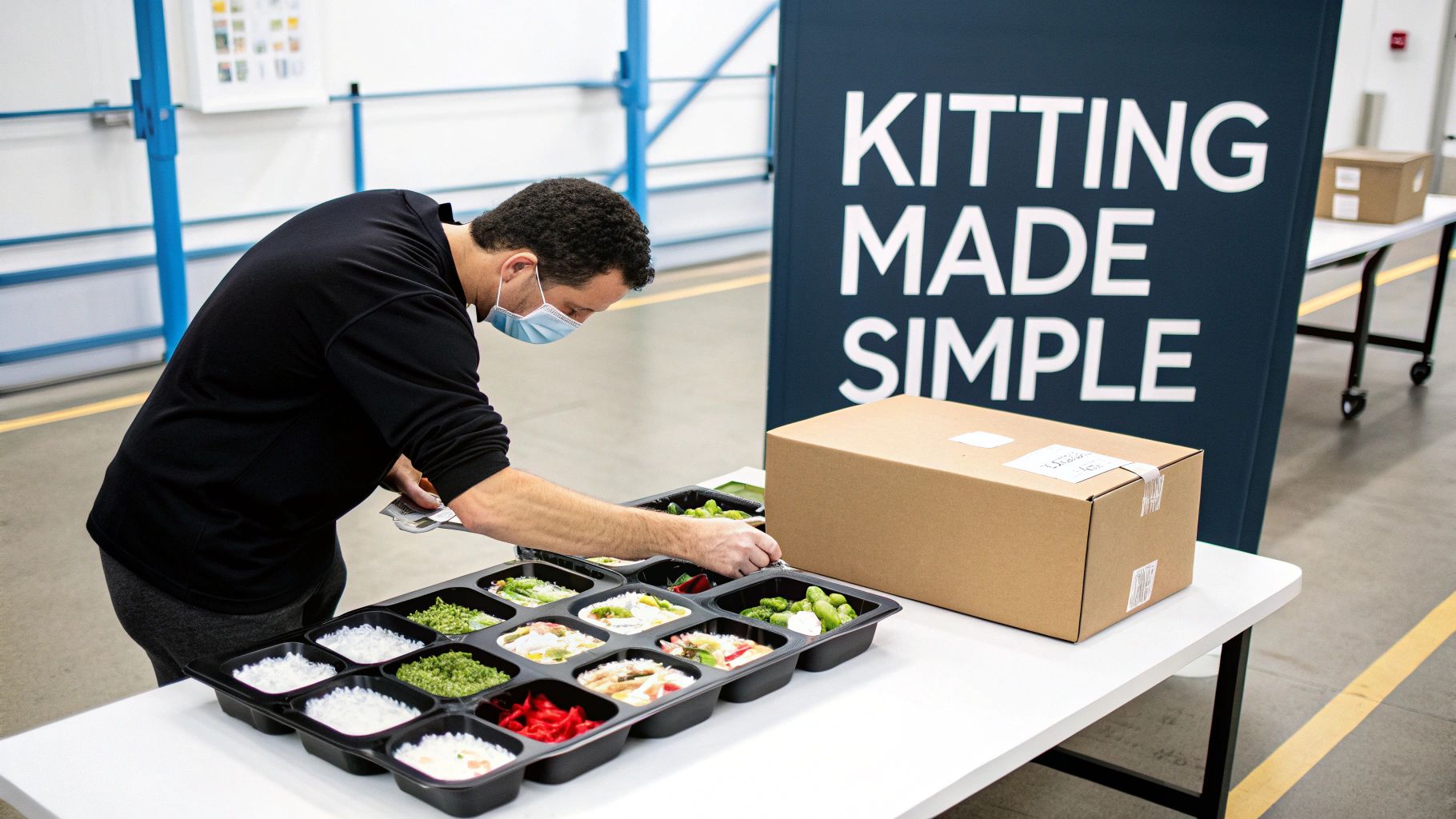 A masked worker assembles fresh meal components into multi-compartment trays, with a 'KITTING MADE SIMPLE' sign nearby.