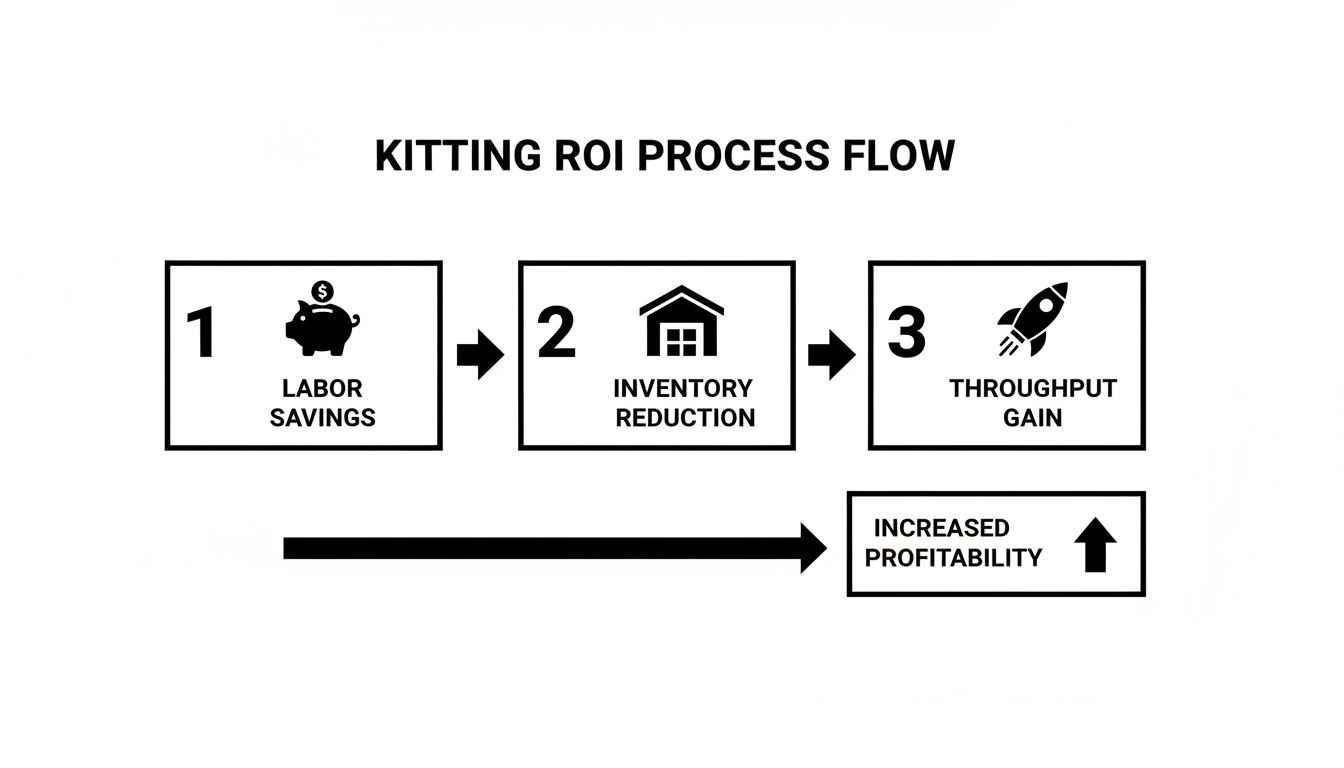 Flowchart illustrating the Kitting ROI process, showing labor savings, inventory reduction, and throughput gain leading to increased profitability.