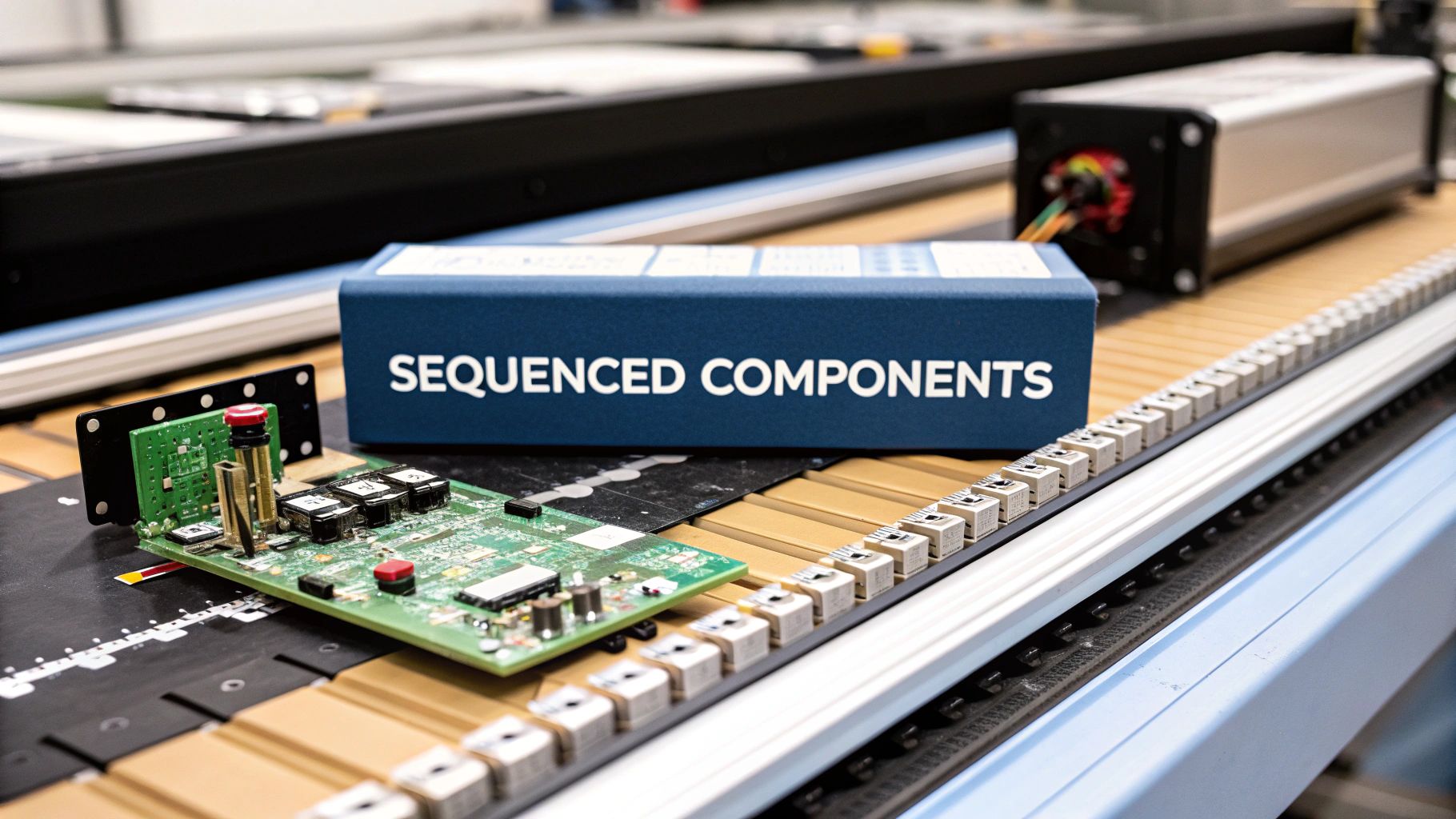 A detailed view of electronic components, a circuit board, and a box labeled 'SEQUENCED COMPONENTS' on an assembly line.