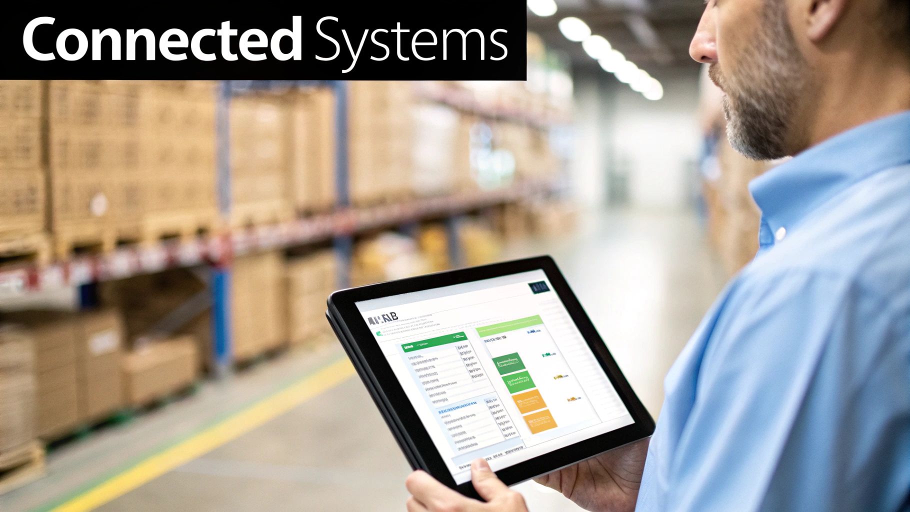 Man in a blue shirt uses a digital tablet to manage inventory in a large warehouse, representing connected systems.