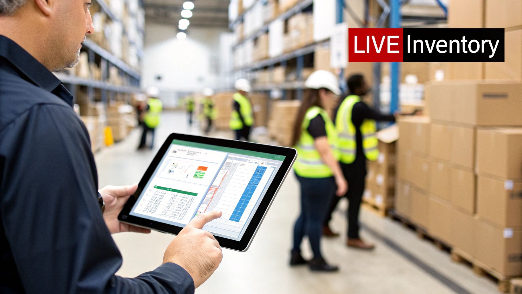 A man uses a tablet to monitor live inventory data in a bustling warehouse with workers.