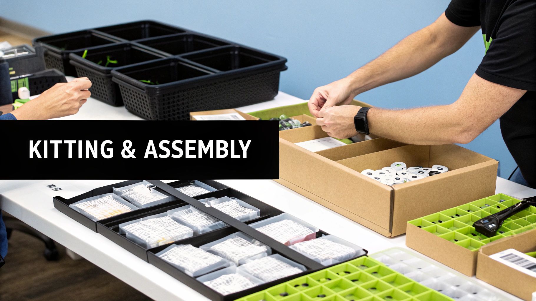 Hands assemble small parts into organized trays and boxes during a kitting and assembly process.