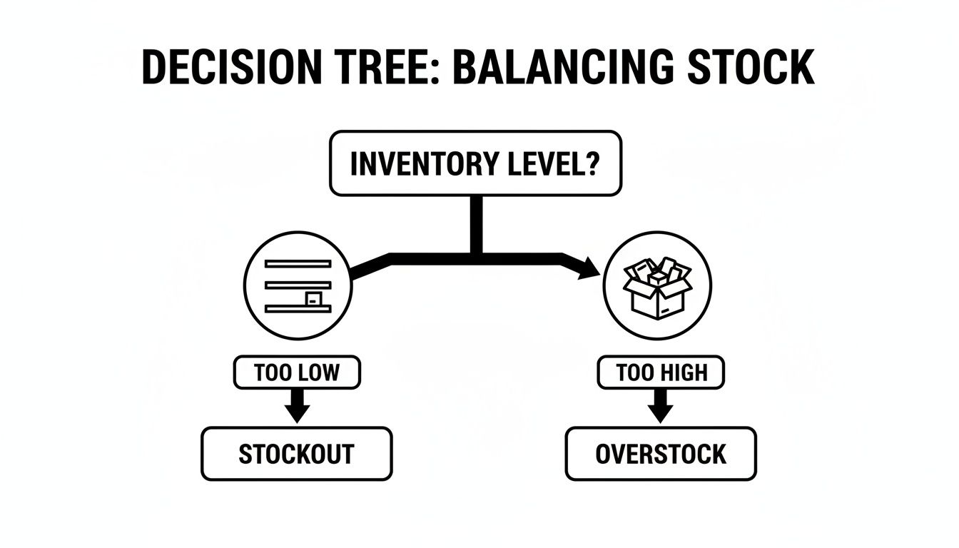 Decision tree illustrating stock balancing: too low inventory leads to stockout, too high inventory causes overstock.