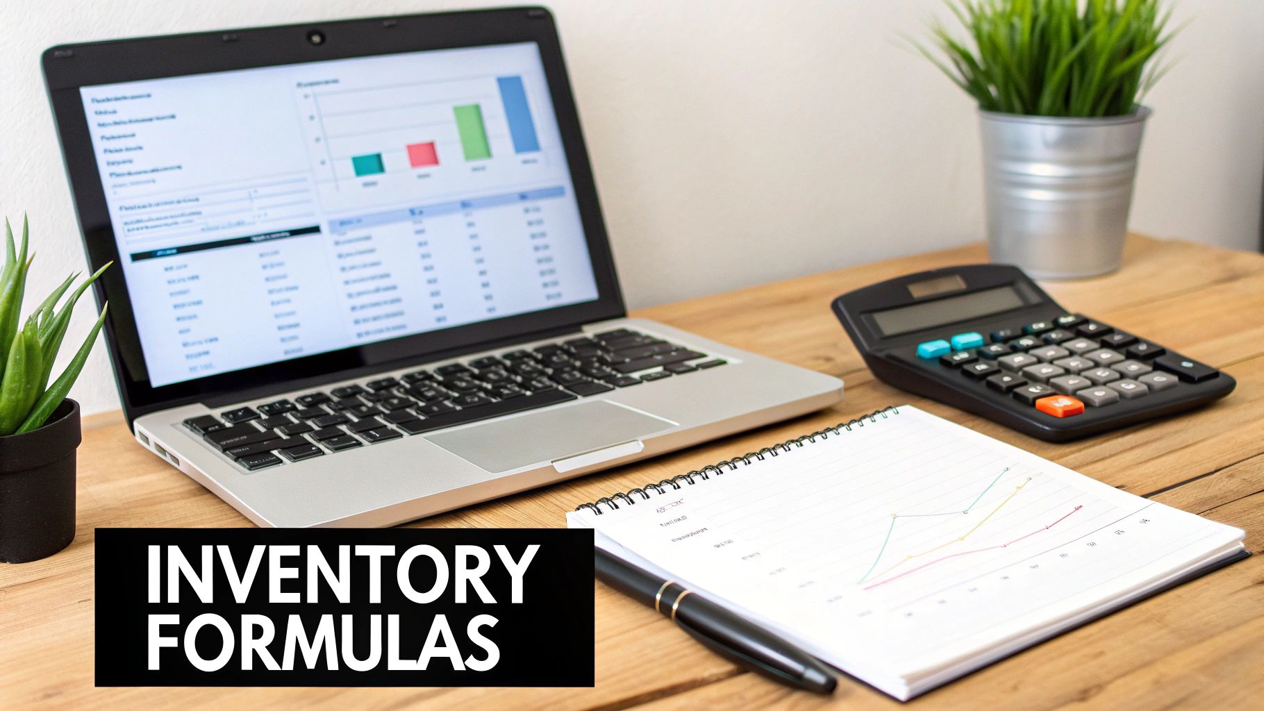 A desk setup featuring a laptop displaying inventory data, a calculator, and a notebook with 'INVENTORY FORMULAS' text.