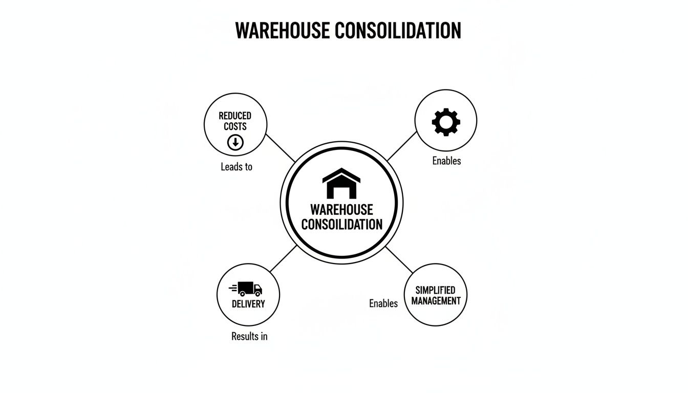 A diagram illustrating the benefits of warehouse consolidation, including reduced costs, improved efficiency, simplified management, and better delivery.