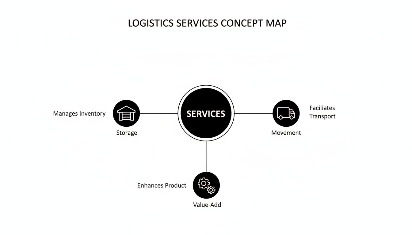 Logistics services concept map illustrating storage, movement, and value-added functions with icons.