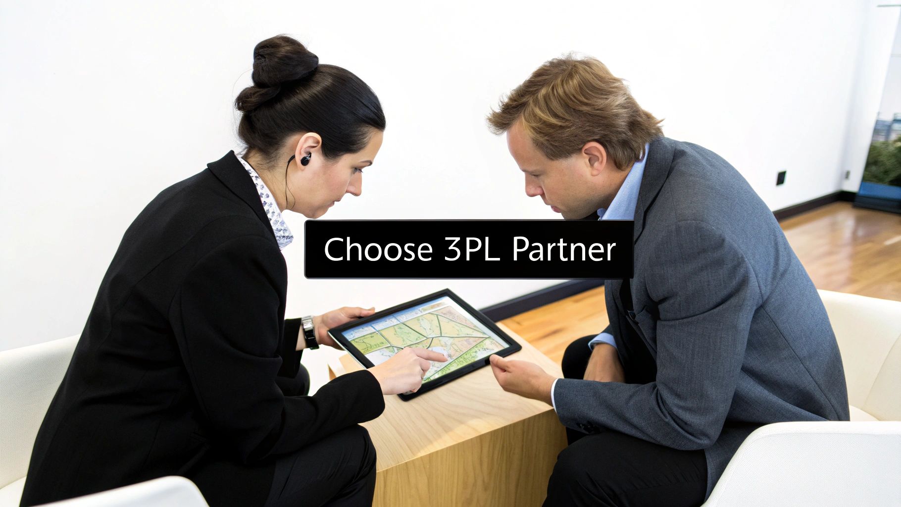 Two business professionals examining a logistics map on a tablet, discussing options for choosing a 3PL partner.