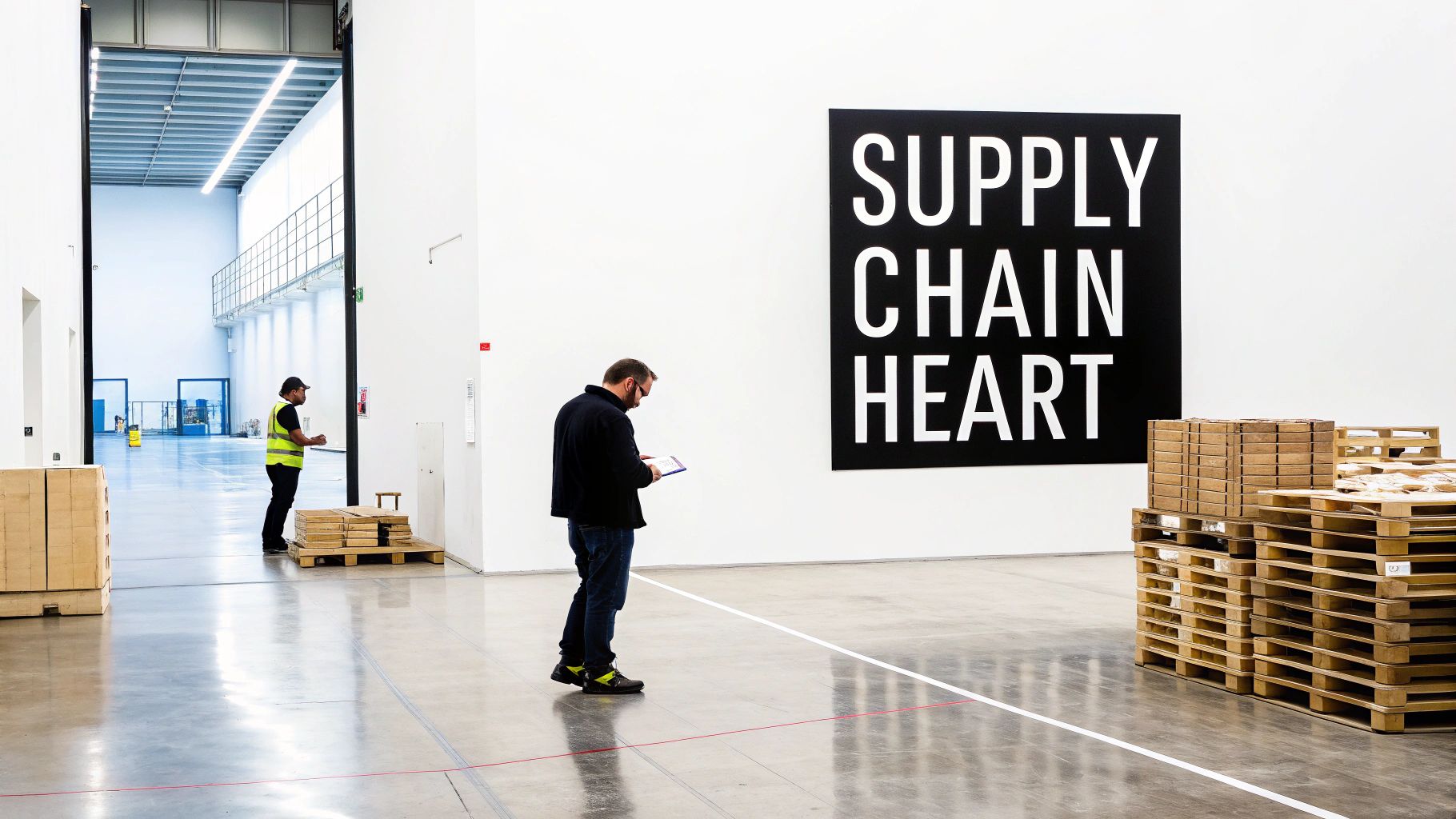Two men work in a bright, modern warehouse featuring a 'SUPPLY CHAIN HEART' sign and pallets.