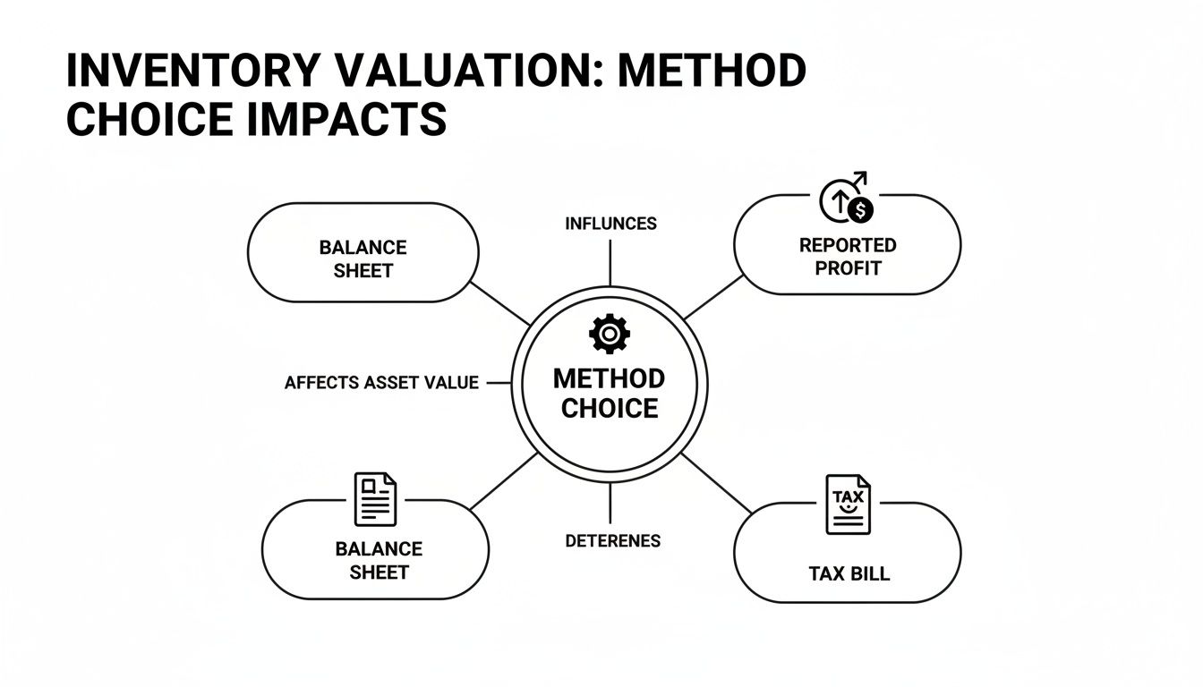 Diagram illustrating how inventory valuation method choice impacts the balance sheet, reported profit, and tax bill.