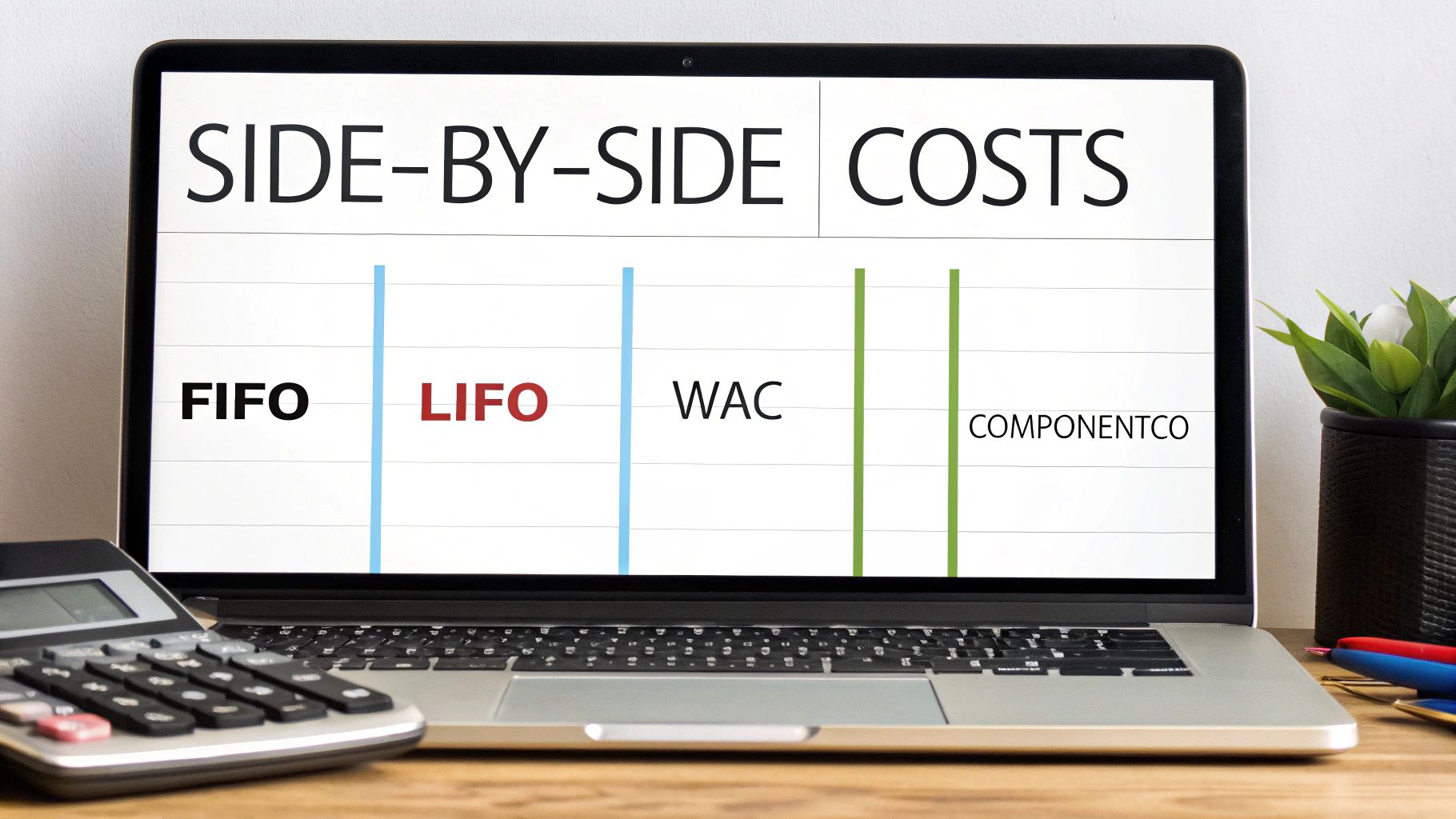 A laptop screen displays a side-by-side cost comparison of inventory valuation methods FIFO, LIFO, WAC, and ComponentCo.