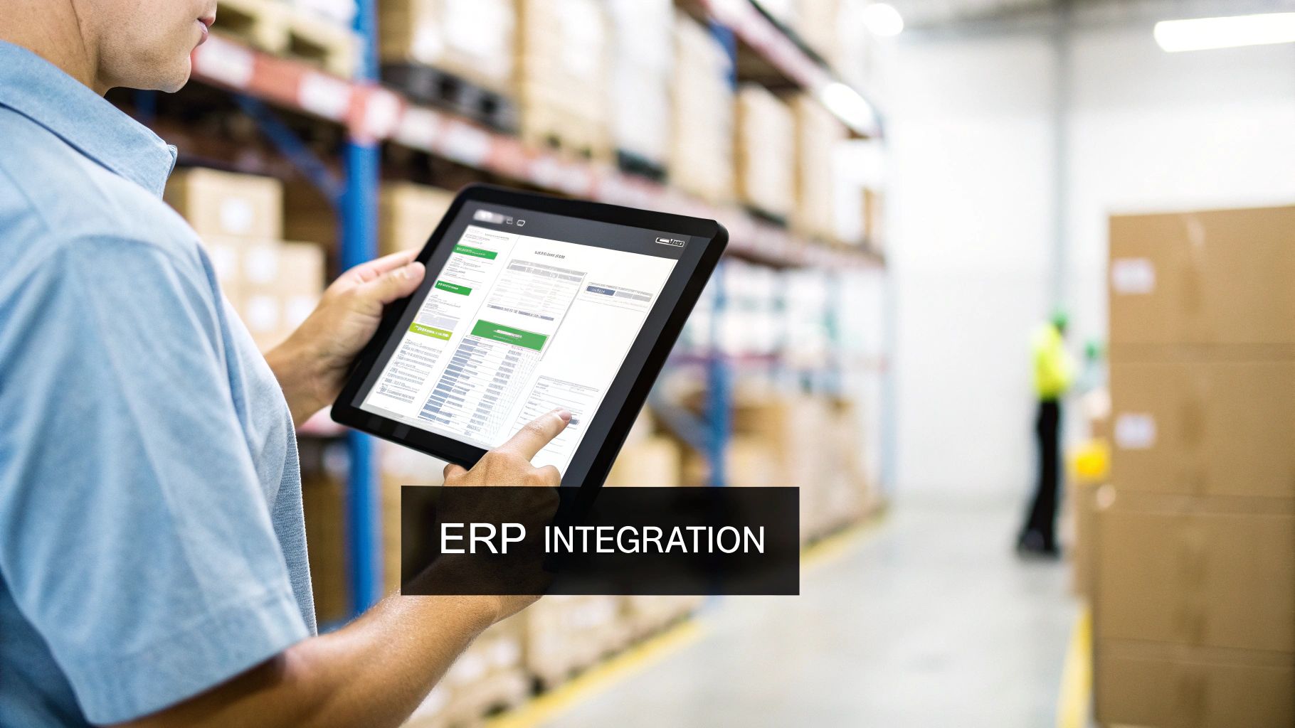 Warehouse worker uses a tablet showing ERP integration software to manage inventory on shelves.