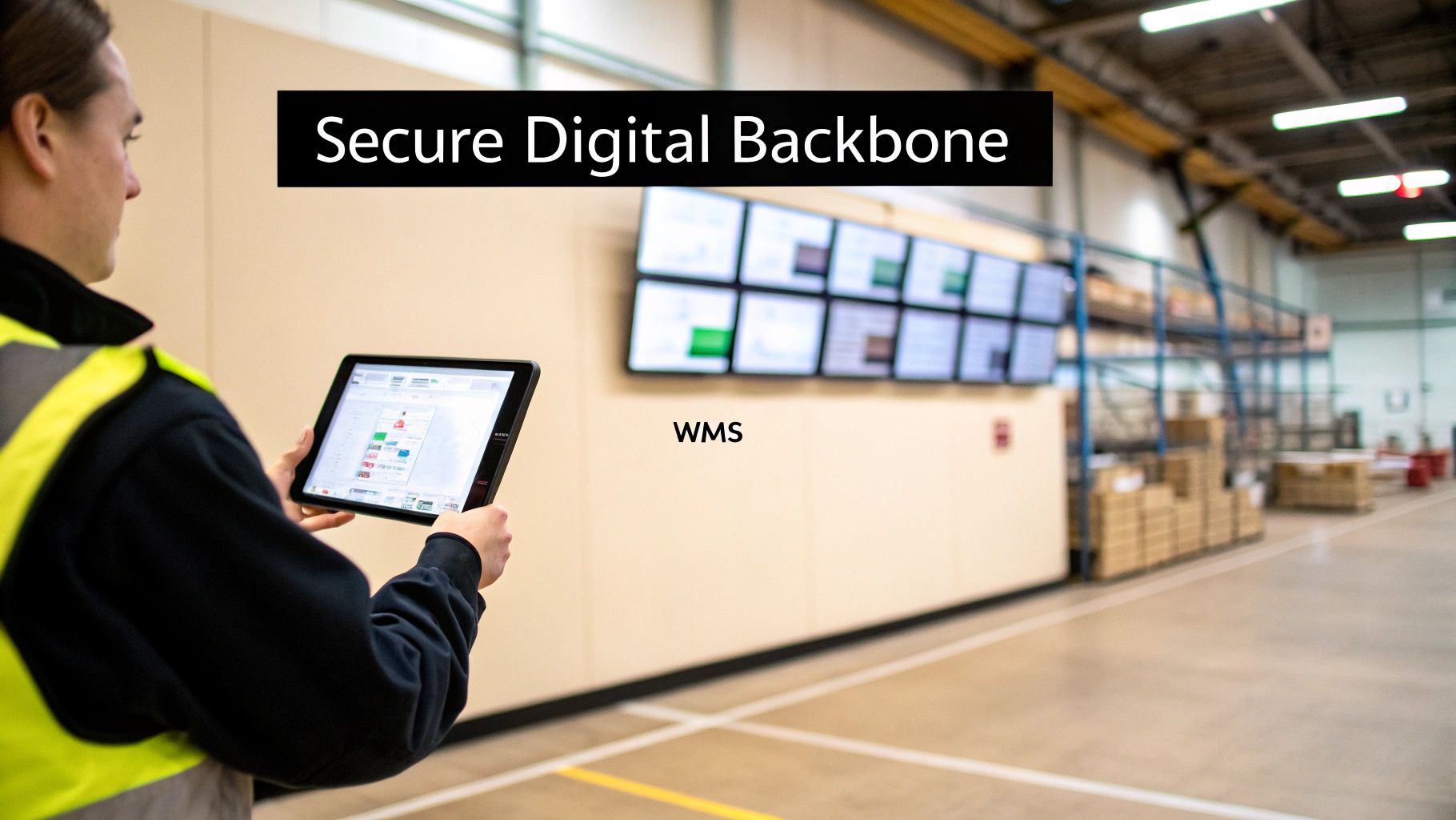 Warehouse worker using a tablet in a modern facility with WMS screens, emphasizing a secure digital backbone.