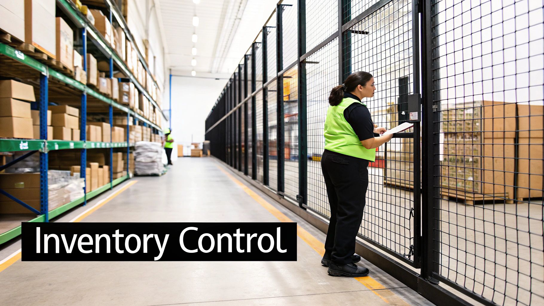 A warehouse employee performs inventory control duties next to a caged storage area.