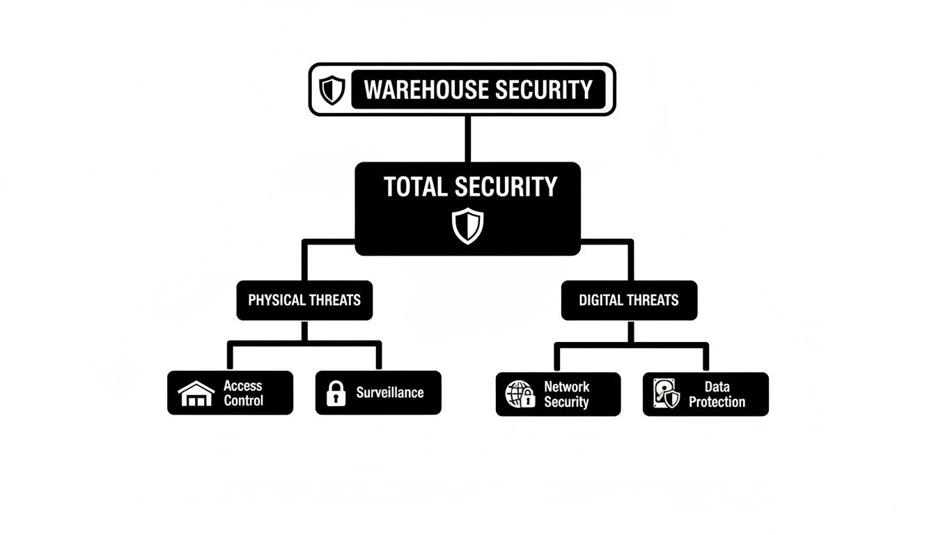 A comprehensive diagram illustrating warehouse security, detailing physical and digital threats with their respective solutions.