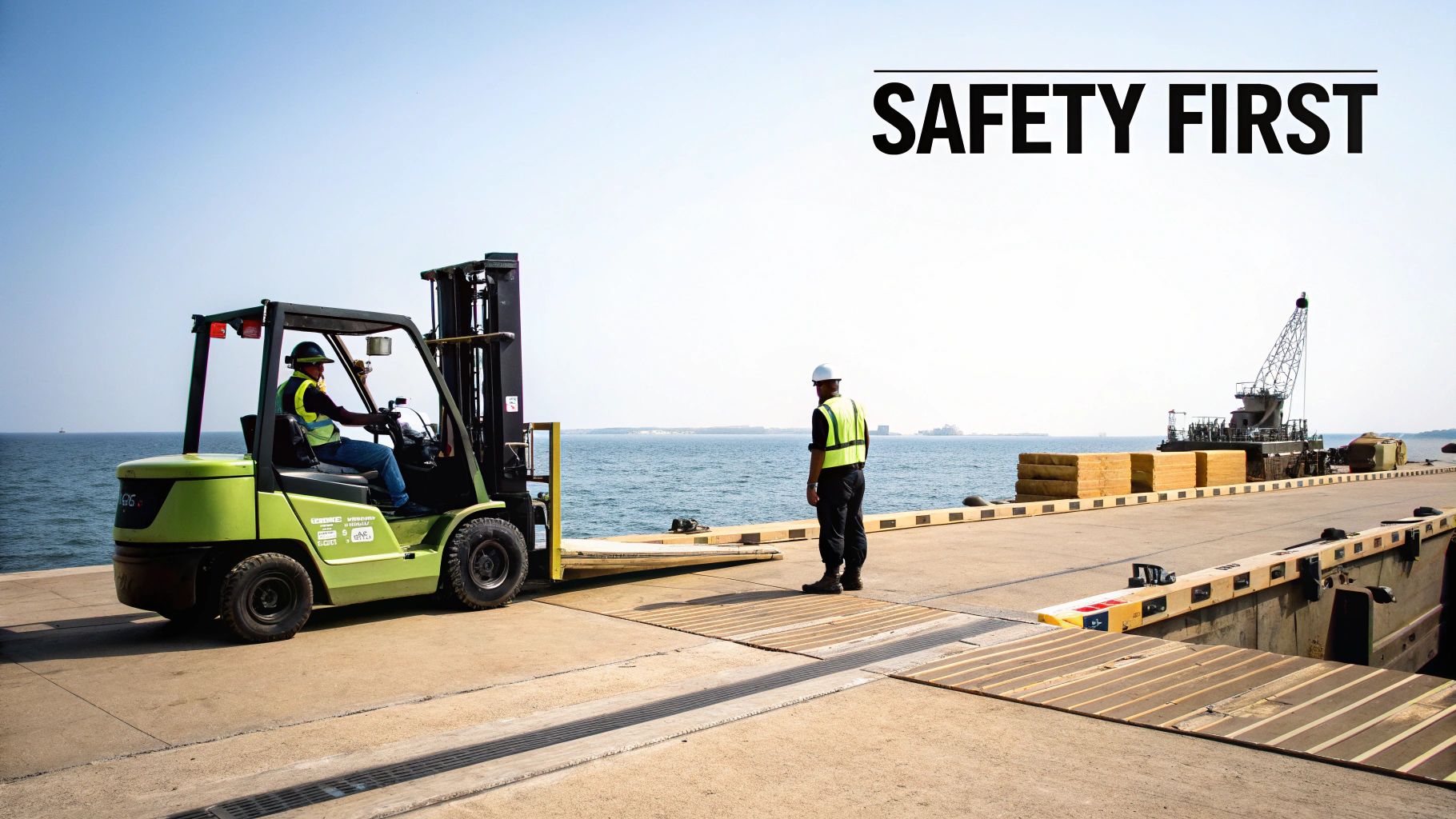 Workers at a port with a green forklift, emphasizing 'SAFETY FIRST' in operations.