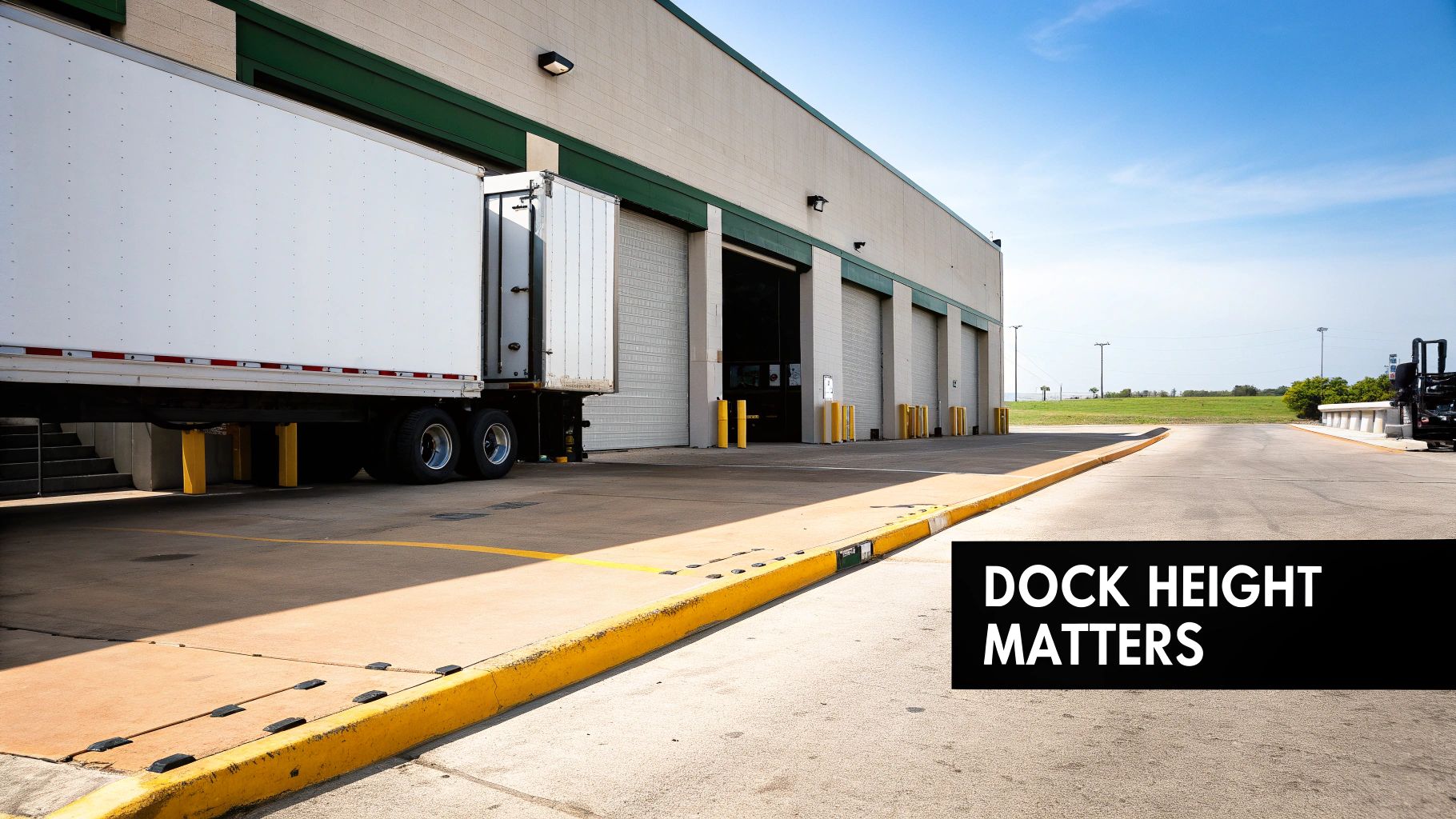 A large white semi-trailer truck is backed into a loading dock at an industrial building, emphasizing dock height.