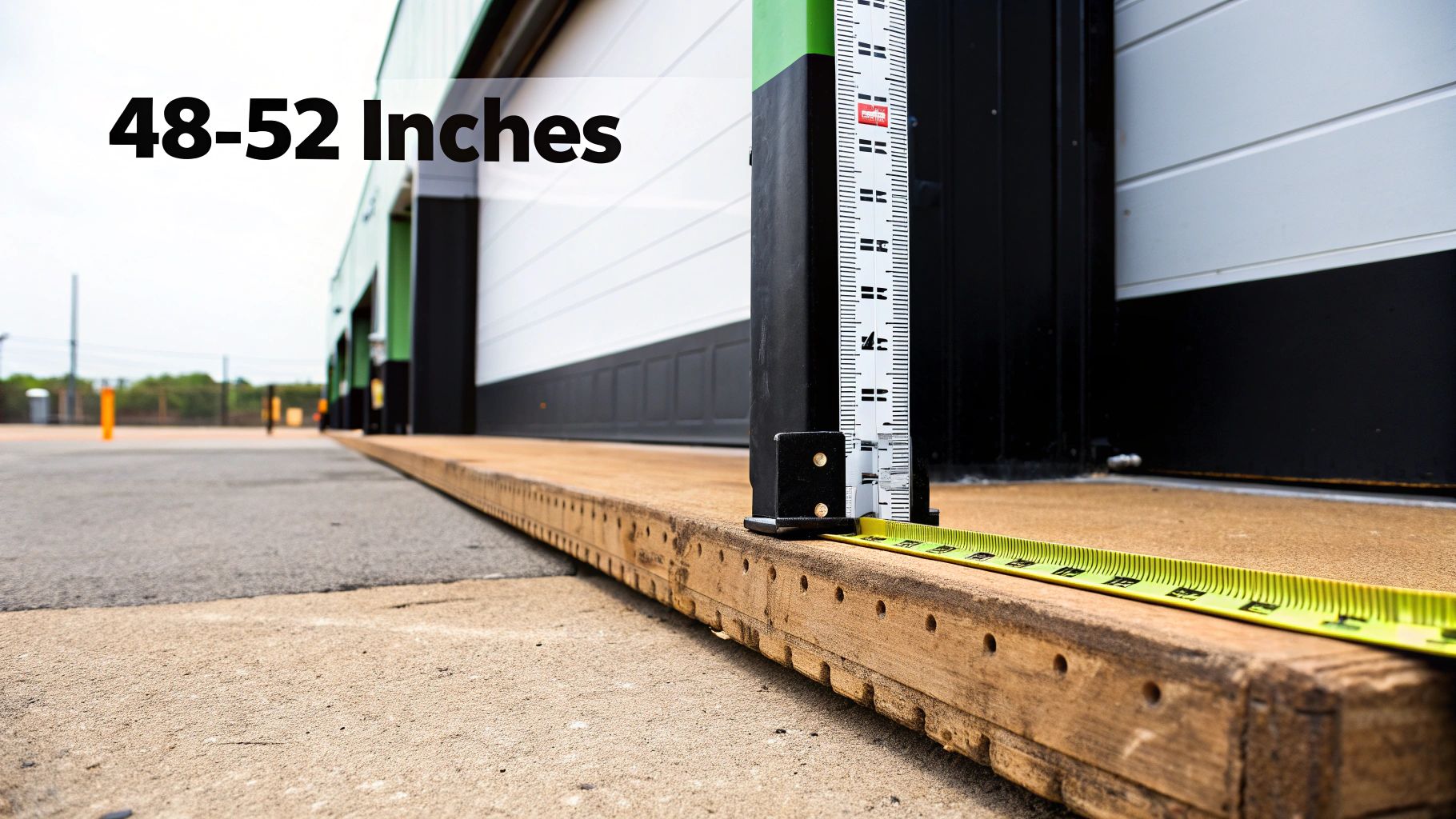 A tape measure and measuring staff show the height of a truck dock, with a text overlay '48-52 Inches'.