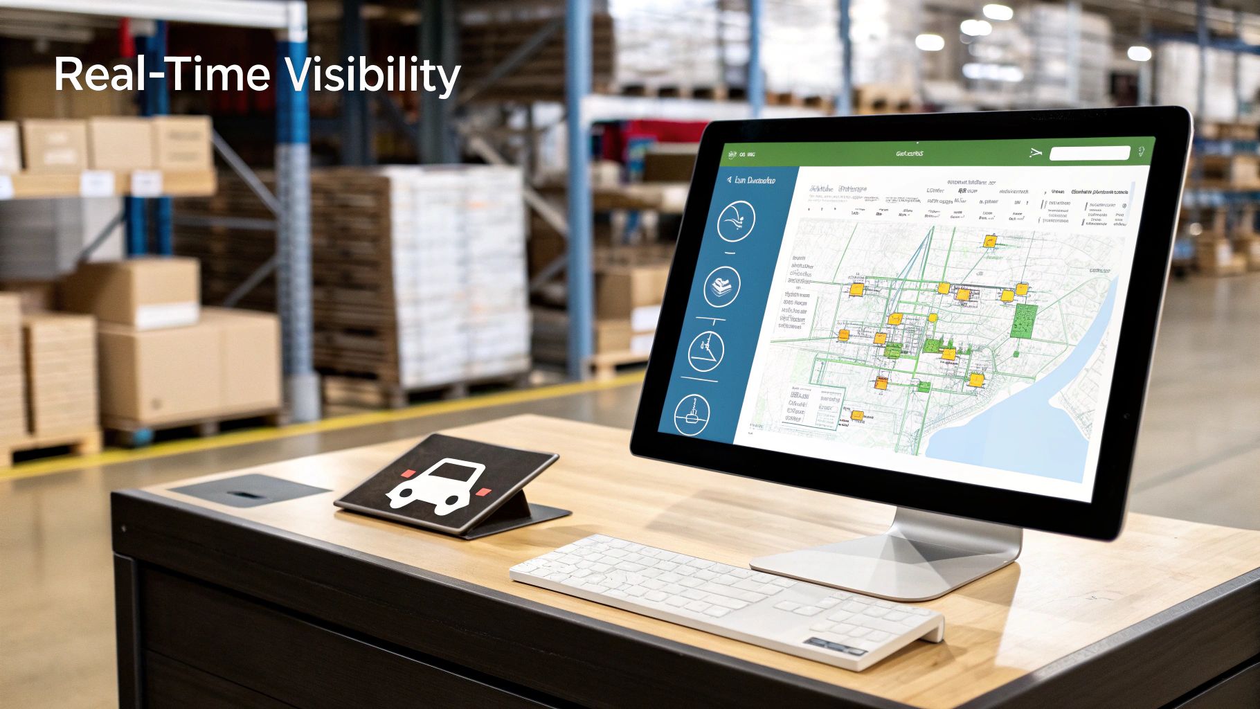 Computer monitor displaying a map in a warehouse, illustrating real-time supply chain visibility.