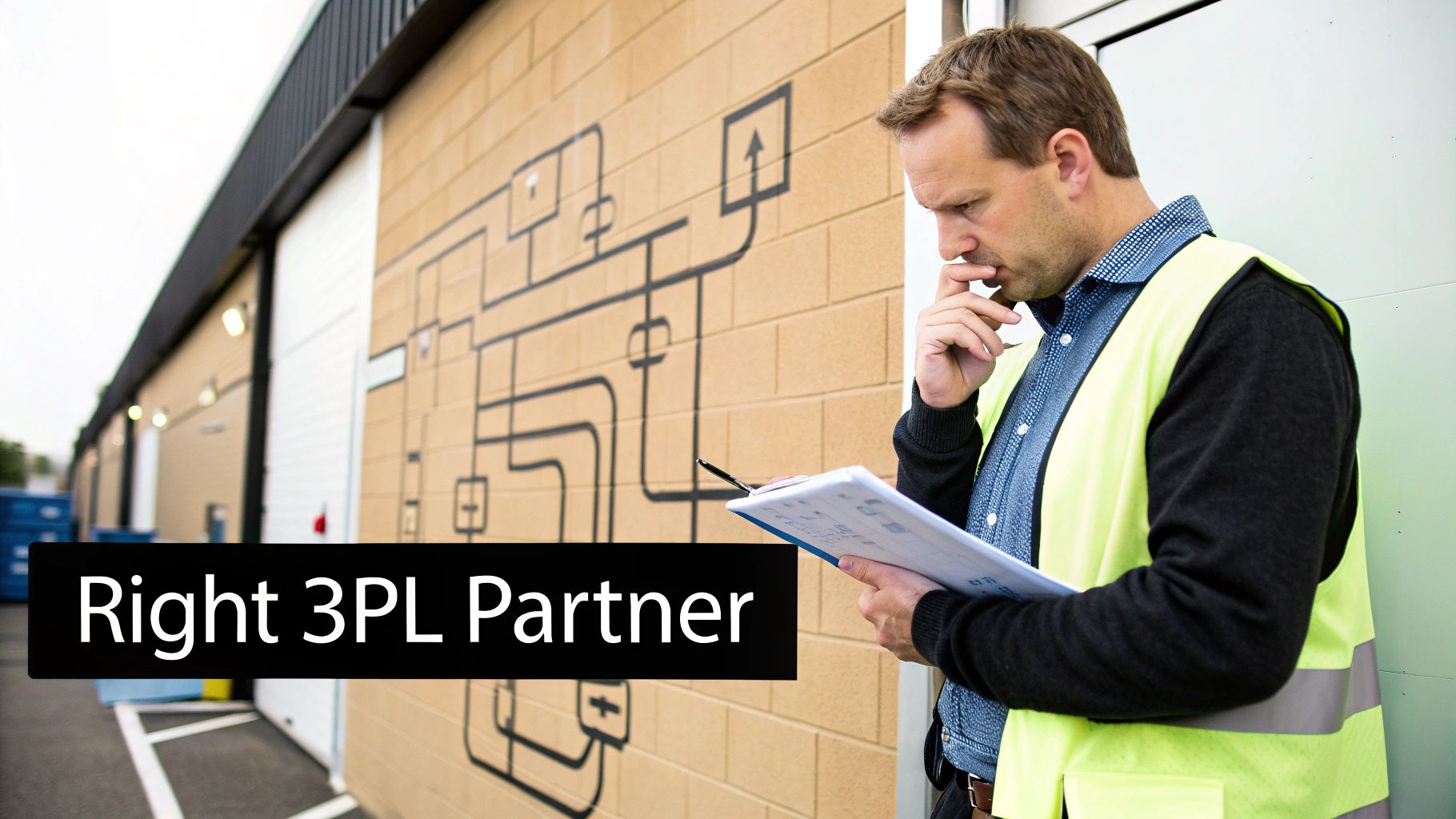 A thoughtful warehouse manager in a safety vest examining documents next to a building.