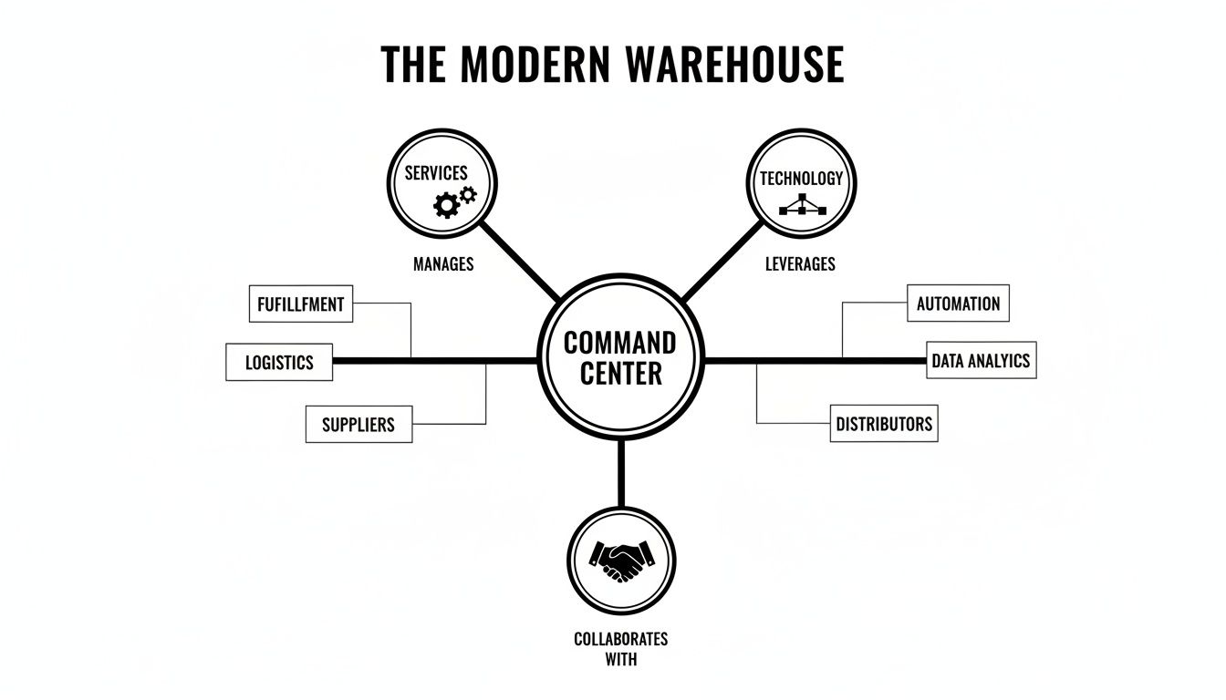 Diagram illustrating a modern warehouse command center connecting services, technology, and collaboration.