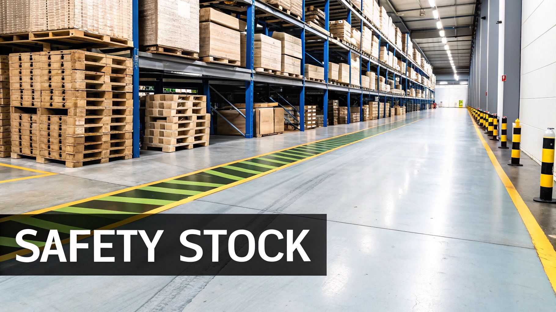 A spacious warehouse aisle with high shelves filled with inventory, marked by safety lines and barriers.