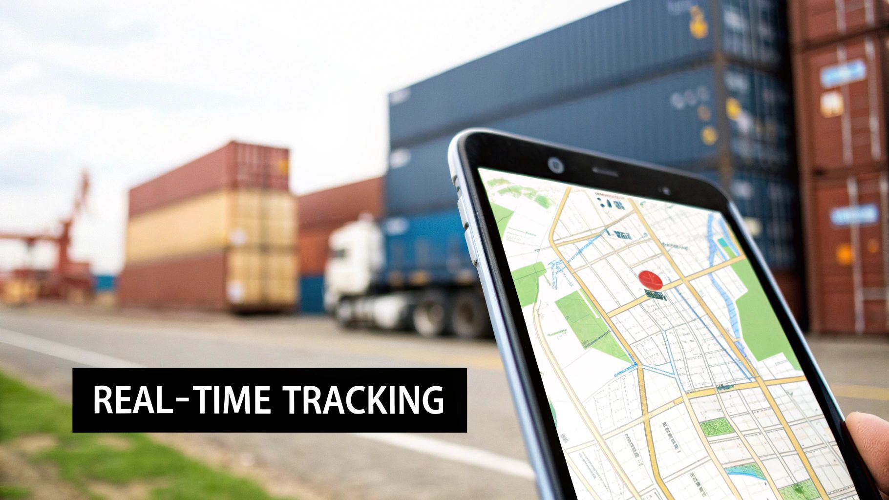 Hand holding a smartphone displaying a map with real-time tracking in a busy shipping port with containers.