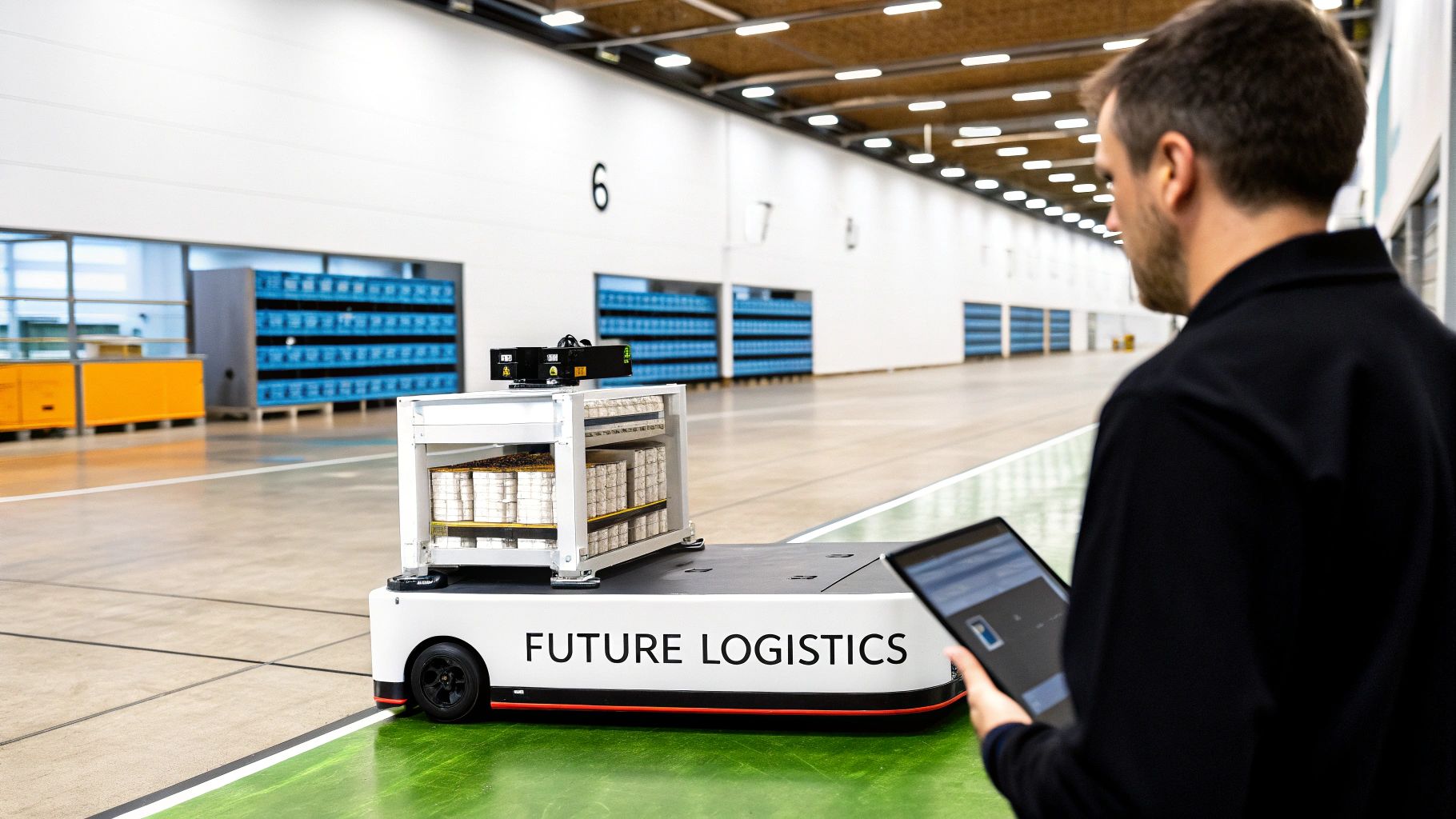 Man monitors an autonomous mobile robot (AMR) with a tablet in a modern warehouse, showcasing future logistics.
