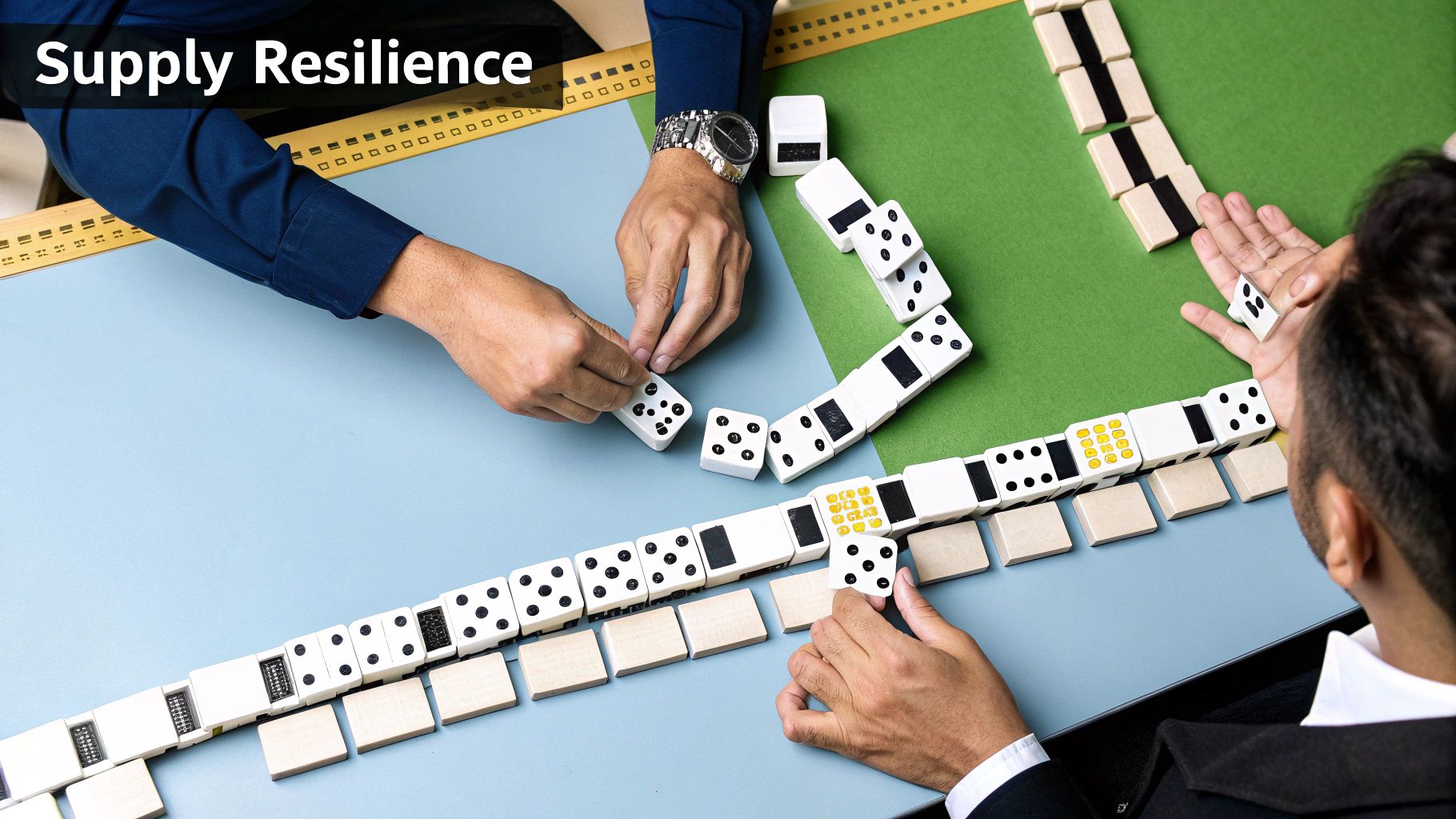 Two people playing a game of dominoes on a blue and green table, symbolizing supply resilience.
