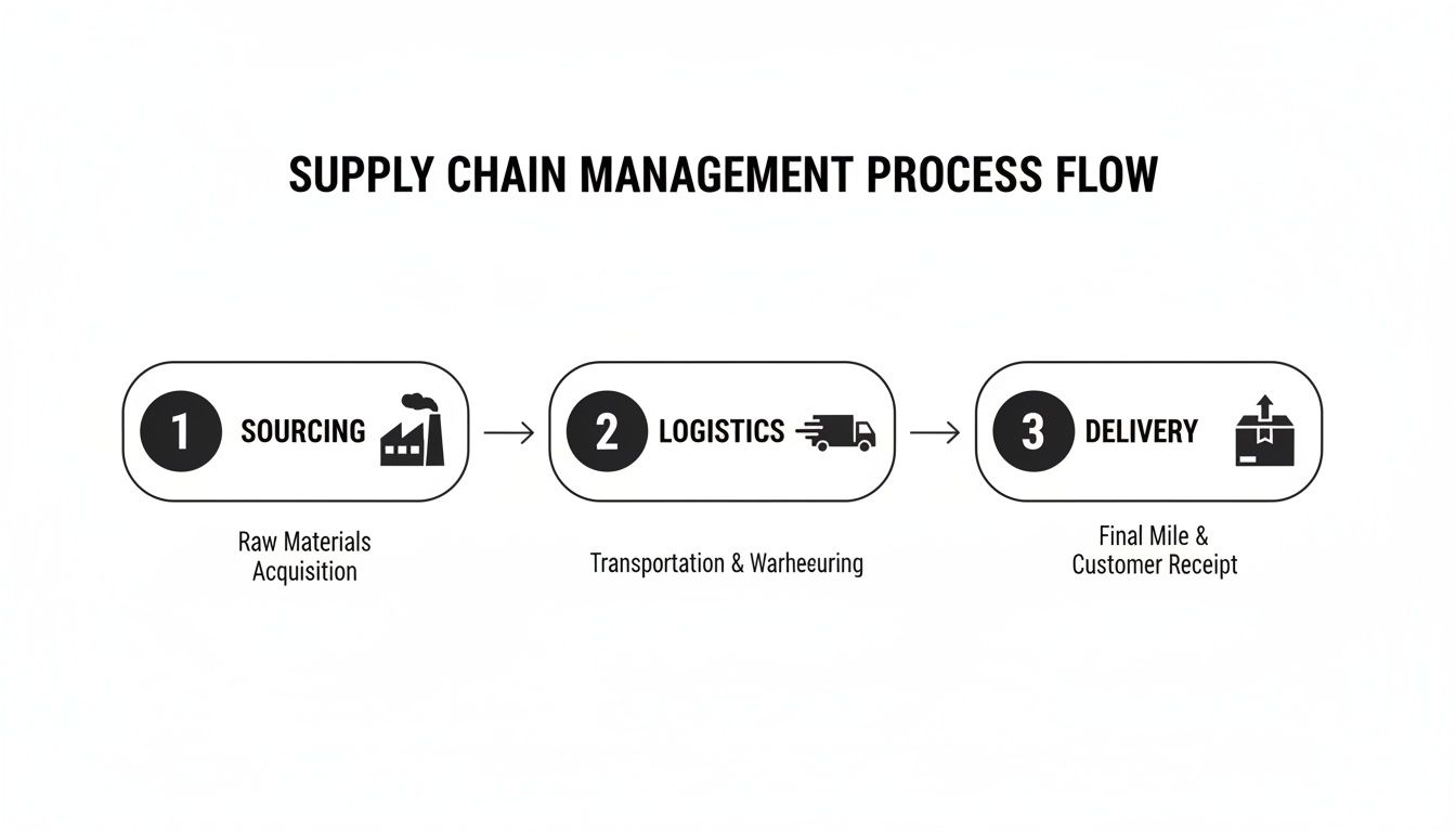 A visual process flow diagram illustrating supply chain management steps: Sourcing, Logistics, and Delivery.