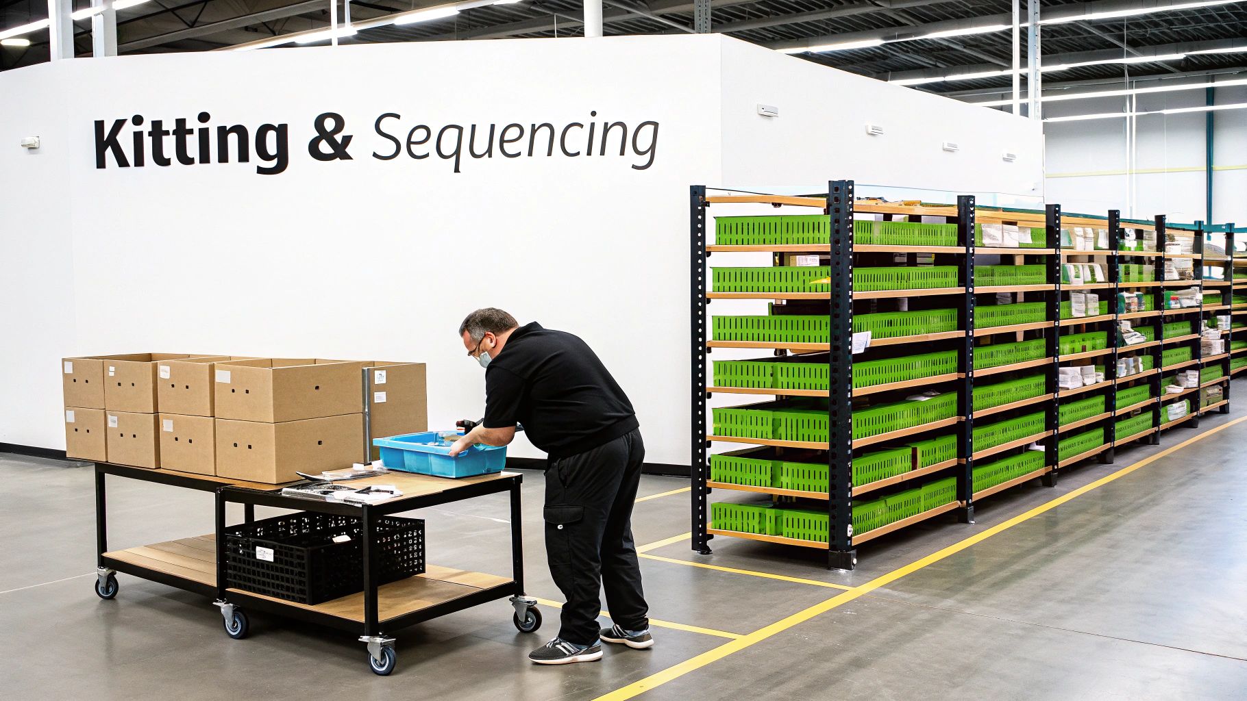 Man in a mask kitting items on a cart in a warehouse with shelves of green bins.