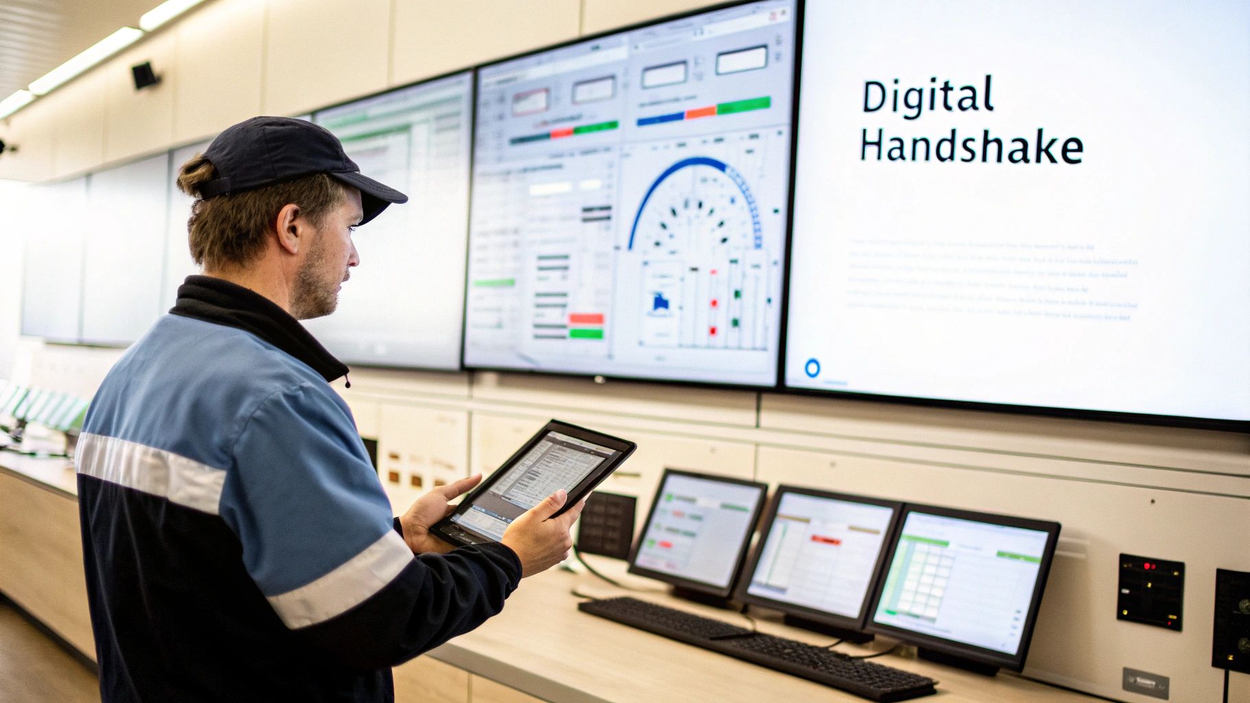 A man in a uniform holds a tablet in a control room with large data screens.