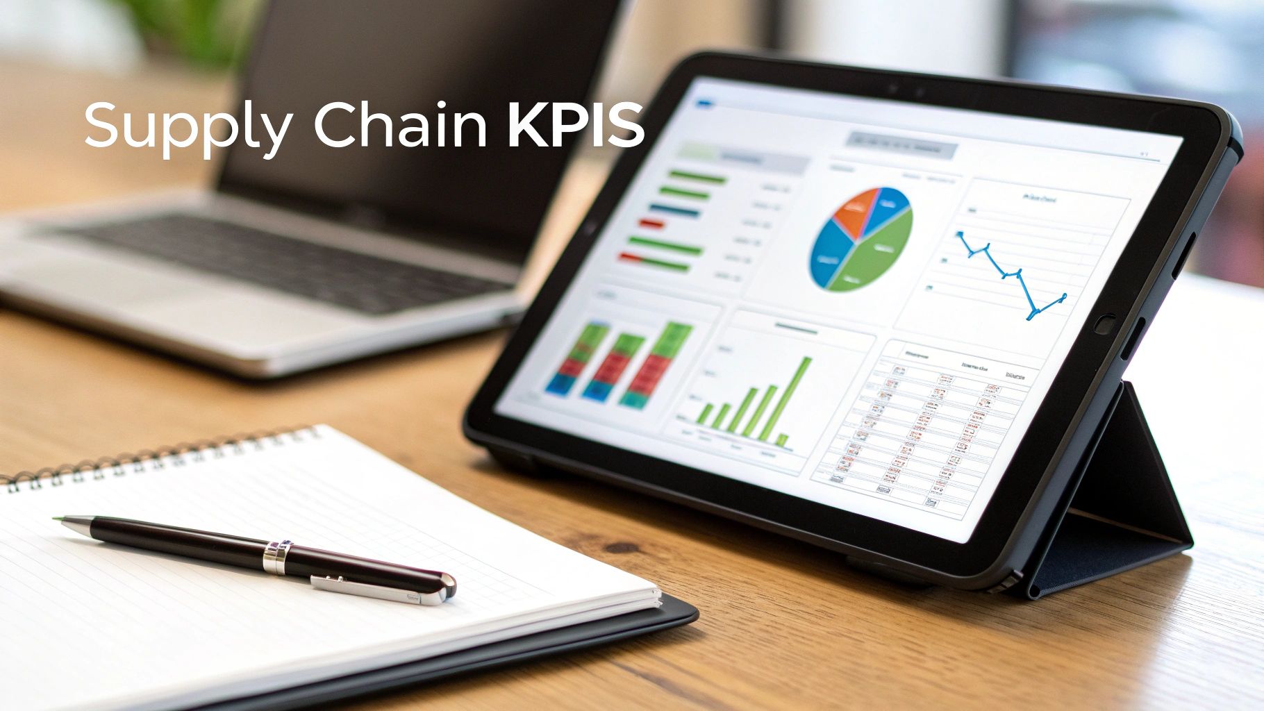 A tablet displays Supply Chain KPIs, charts, and graphs on a desk with a laptop and notebook.