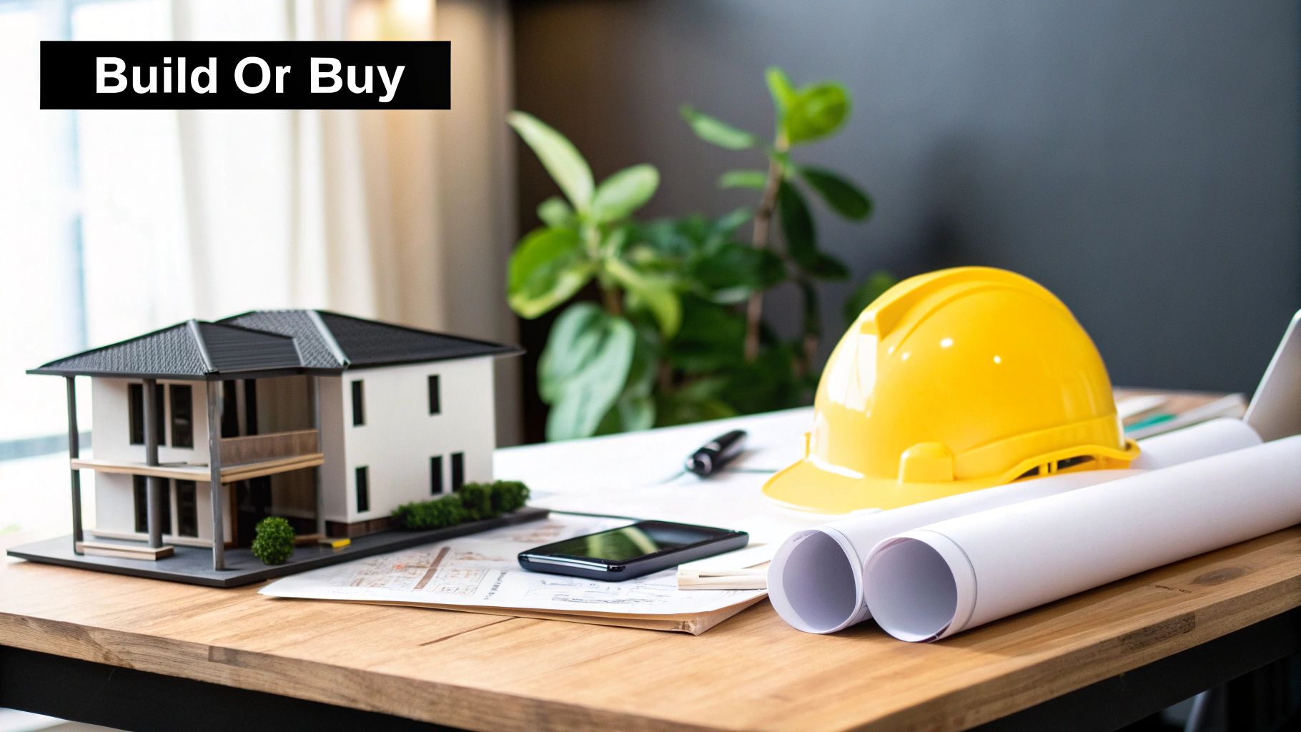A model house, yellow hard hat, blueprints, and smartphone on a desk for construction planning.