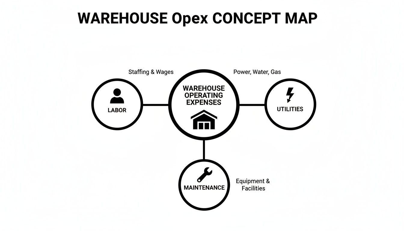 A concept map illustrating warehouse operating expenses, categorized into labor, utilities, and maintenance.