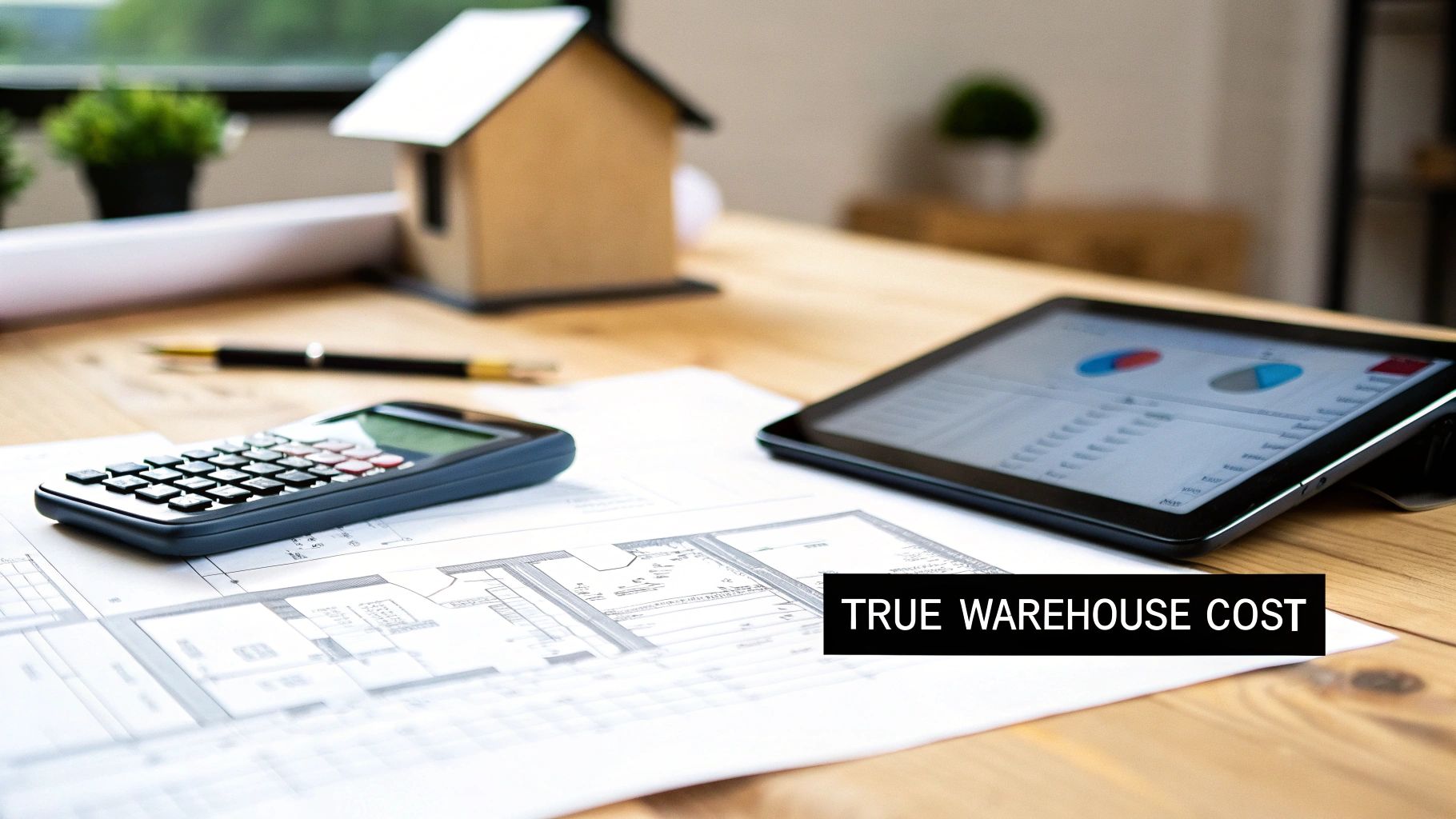 A desk with architectural blueprints, a calculator, a tablet displaying financial charts, and a model house, illustrating warehouse cost analysis.