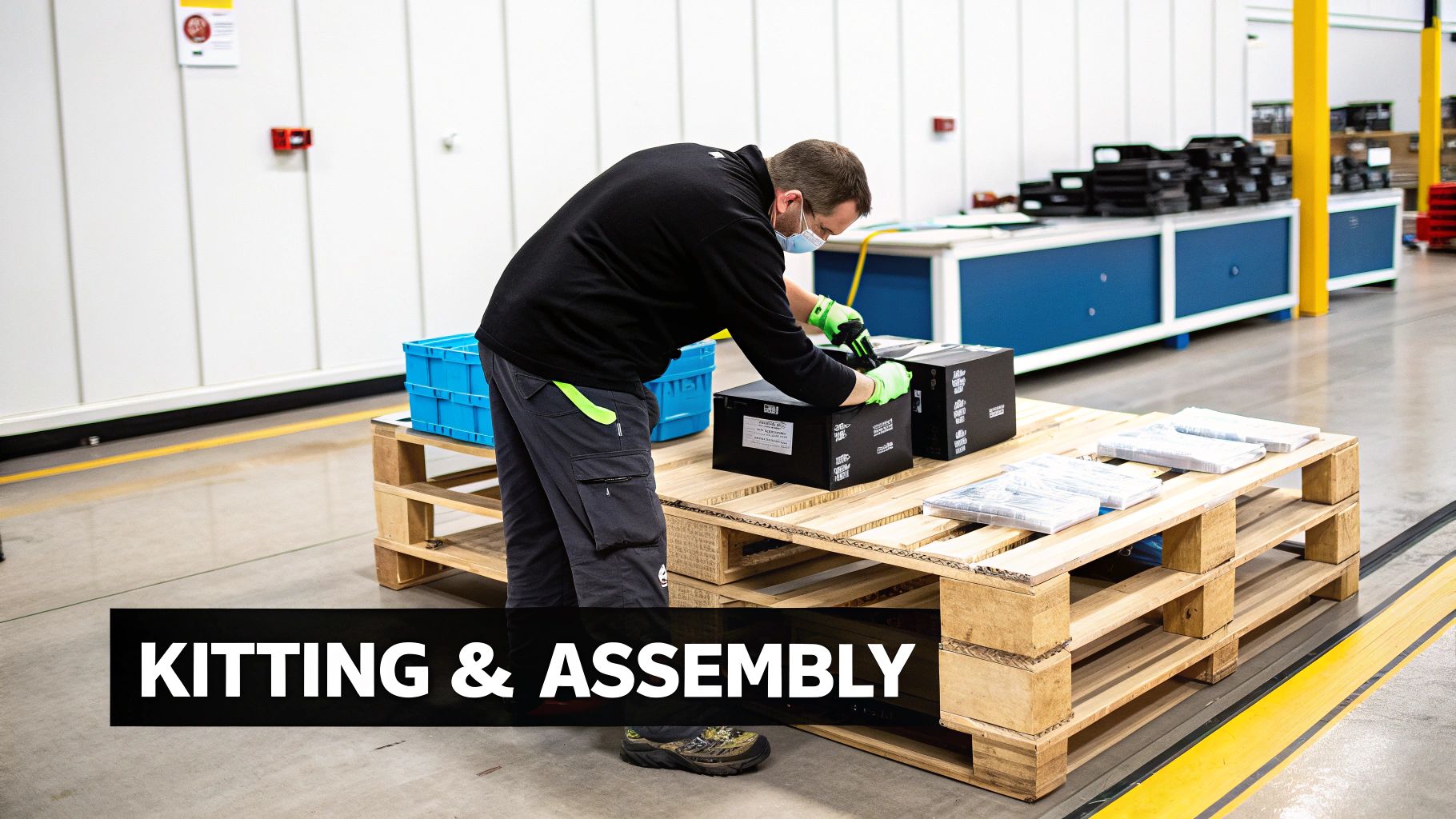 A worker in a face mask and gloves assembles products into black boxes on a wooden pallet in a warehouse.