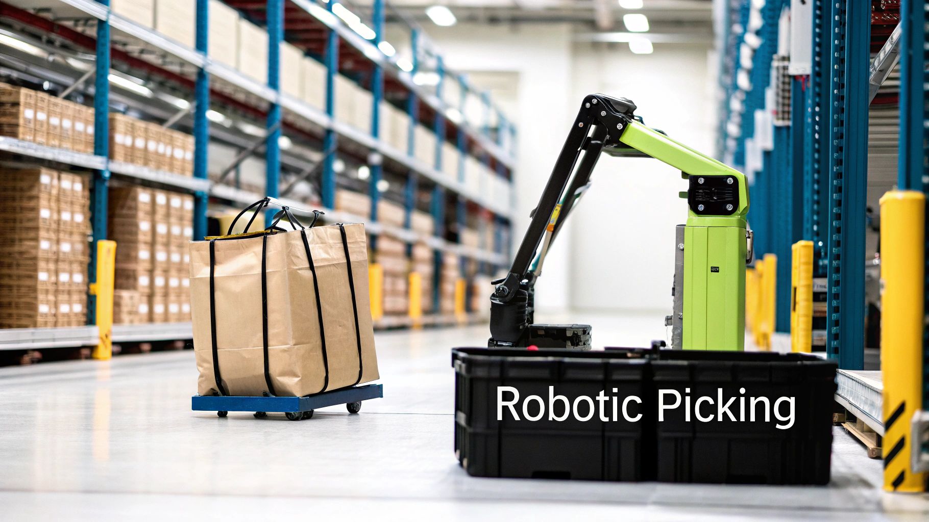 A robotic arm performs picking operations in an automated warehouse, with paper bags on a trolley nearby.