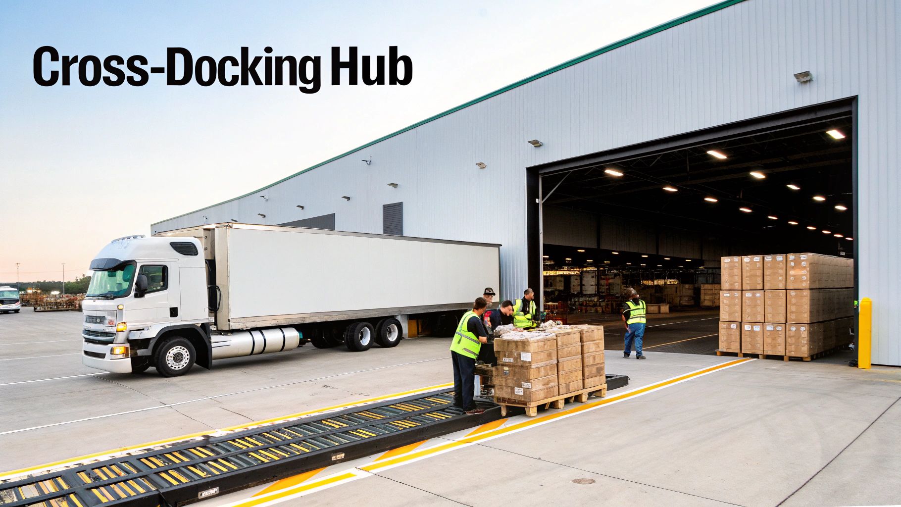 Cross-docking hub operations with workers moving goods from a truck into a large warehouse.